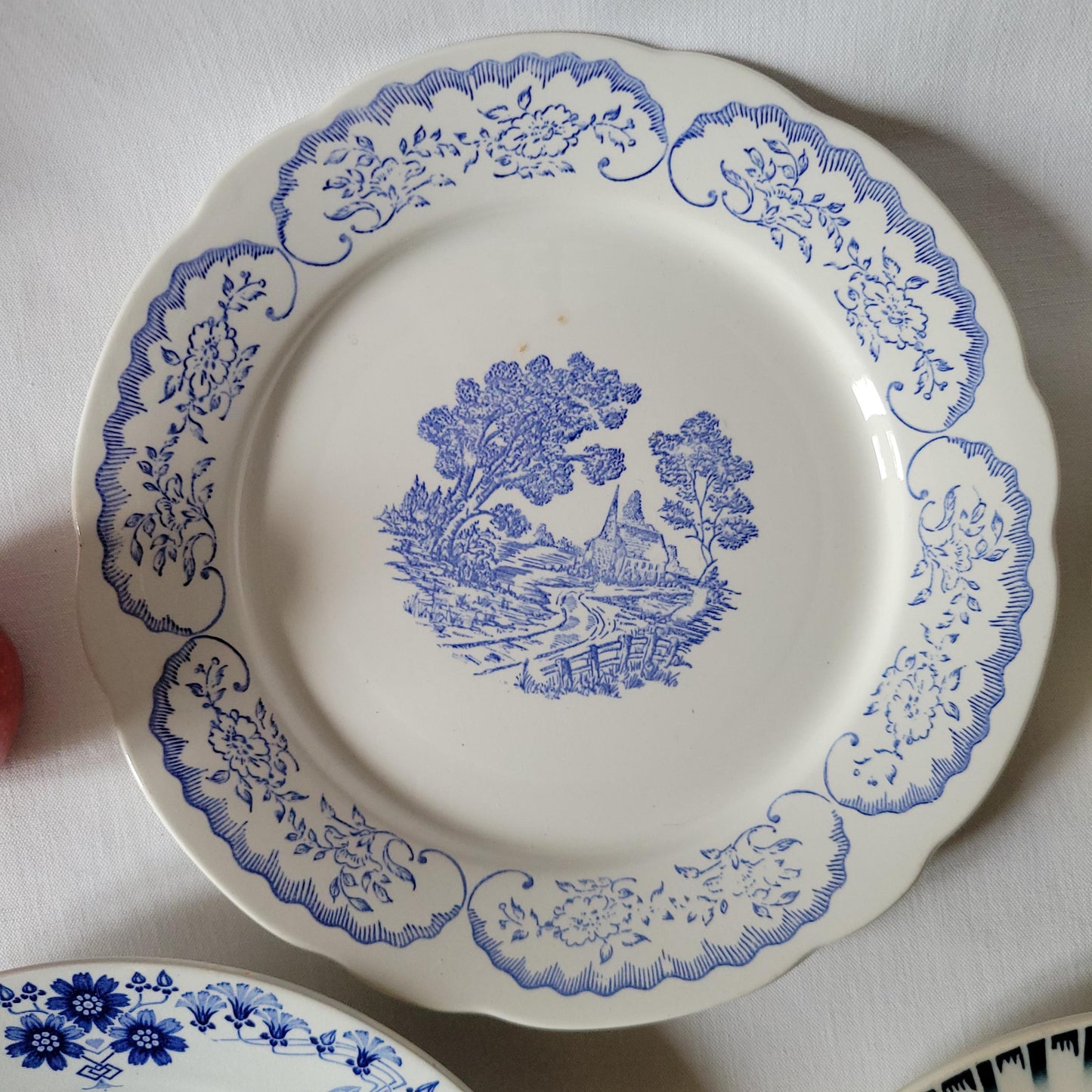Antique Mismatched French Ironstone Dinner Plates - Teal Blue Transferware, Set of 6