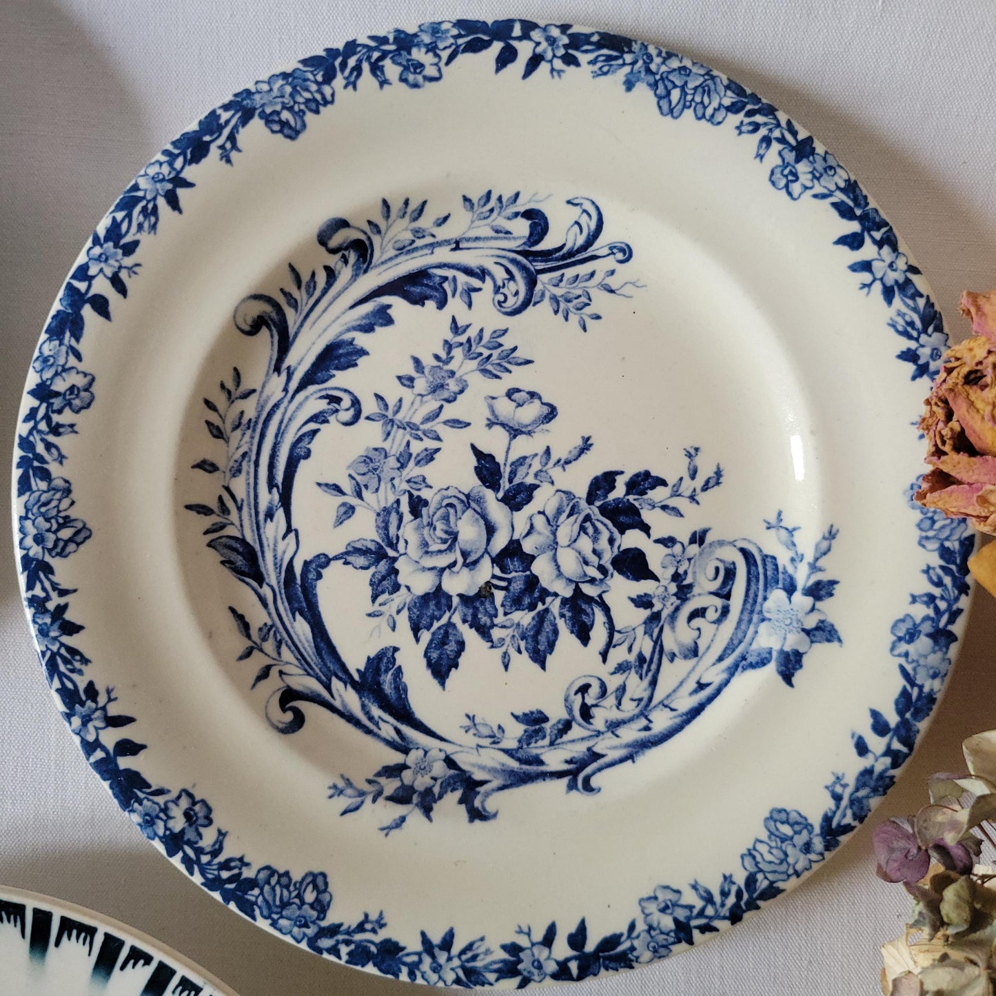 Antique Mismatched French Ironstone Dinner Plates - Teal Blue Transferware, Set of 6