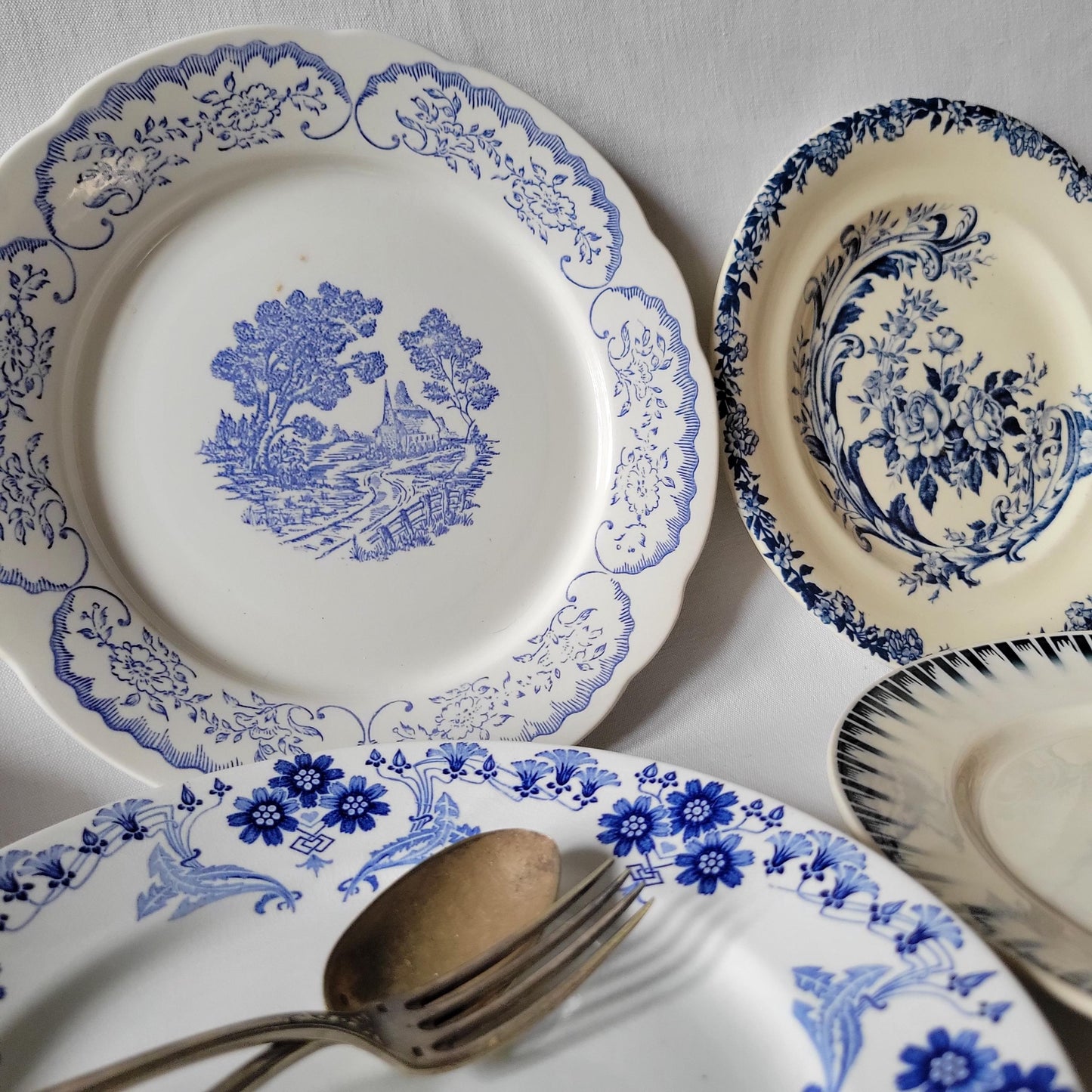 Antique Mismatched French Ironstone Dinner Plates - Teal Blue Transferware, Set of 6