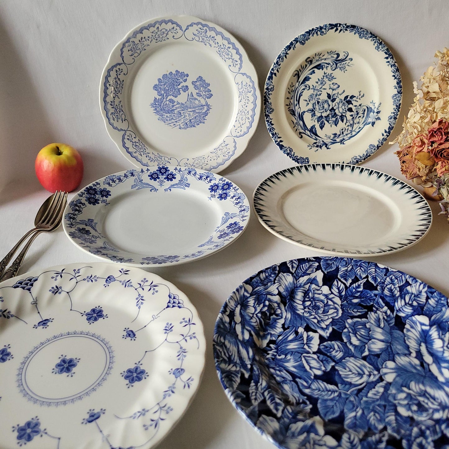 Antique Mismatched French Ironstone Dinner Plates - Teal Blue Transferware, Set of 6