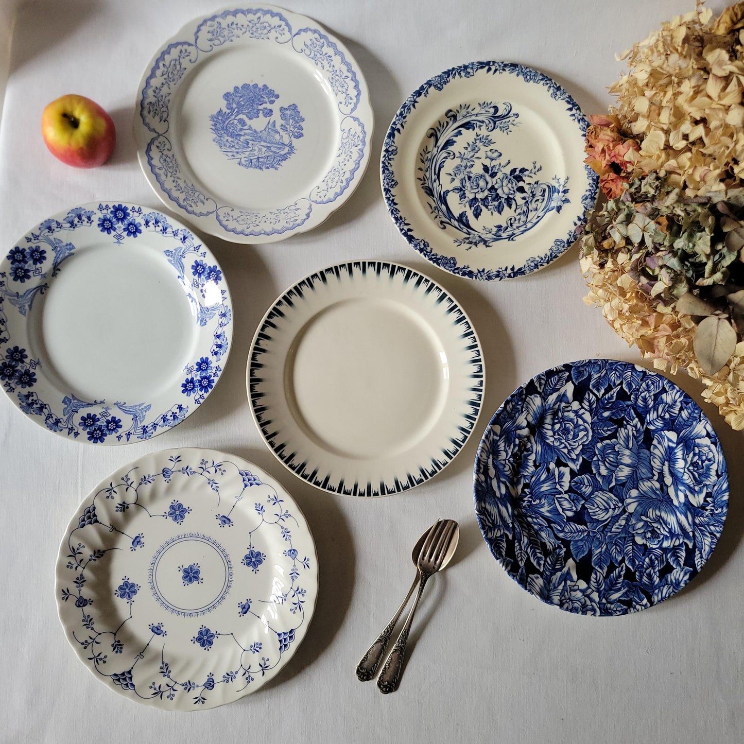 Antique Mismatched French Ironstone Dinner Plates - Teal Blue Transferware, Set of 6