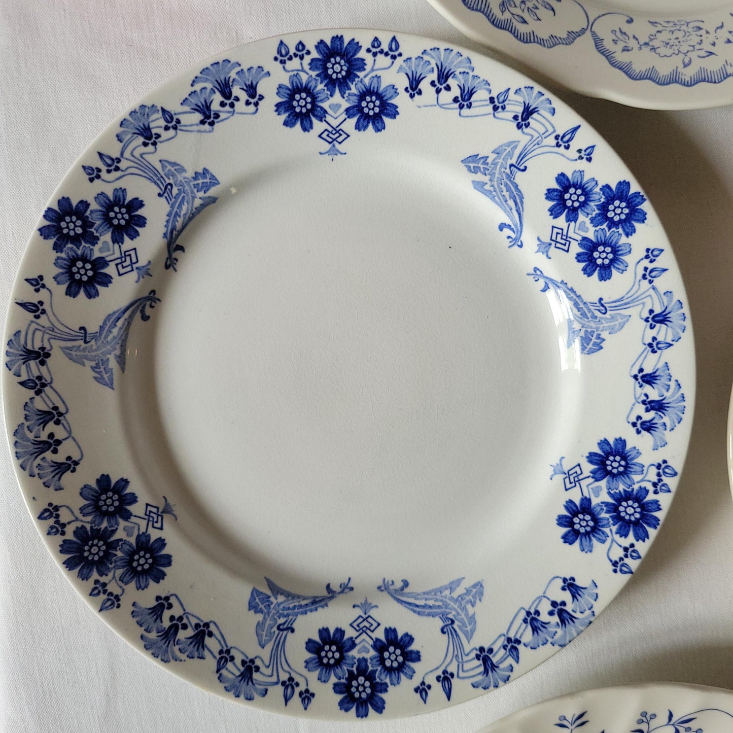 Antique Mismatched French Ironstone Dinner Plates - Teal Blue Transferware, Set of 6
