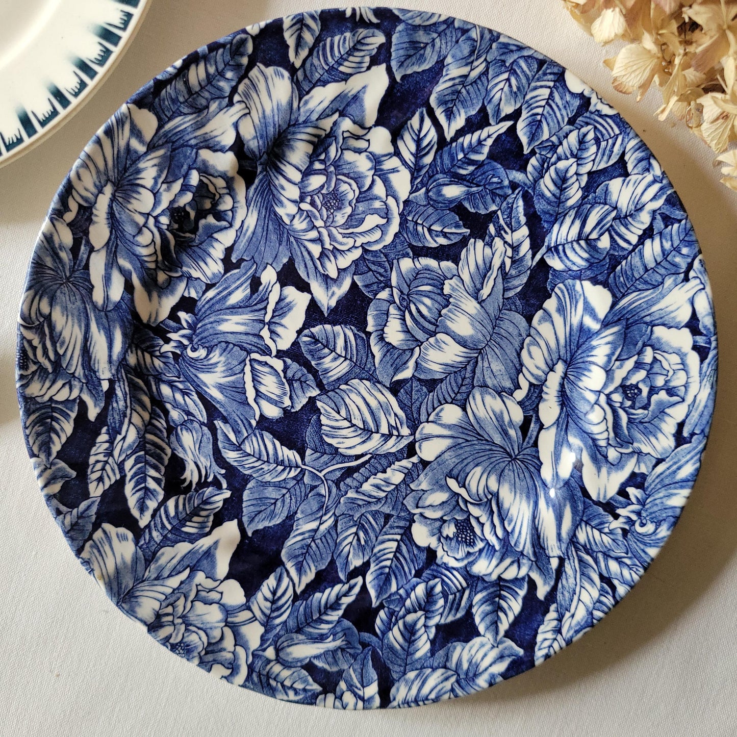 Antique Mismatched French Ironstone Dinner Plates - Teal Blue Transferware, Set of 6