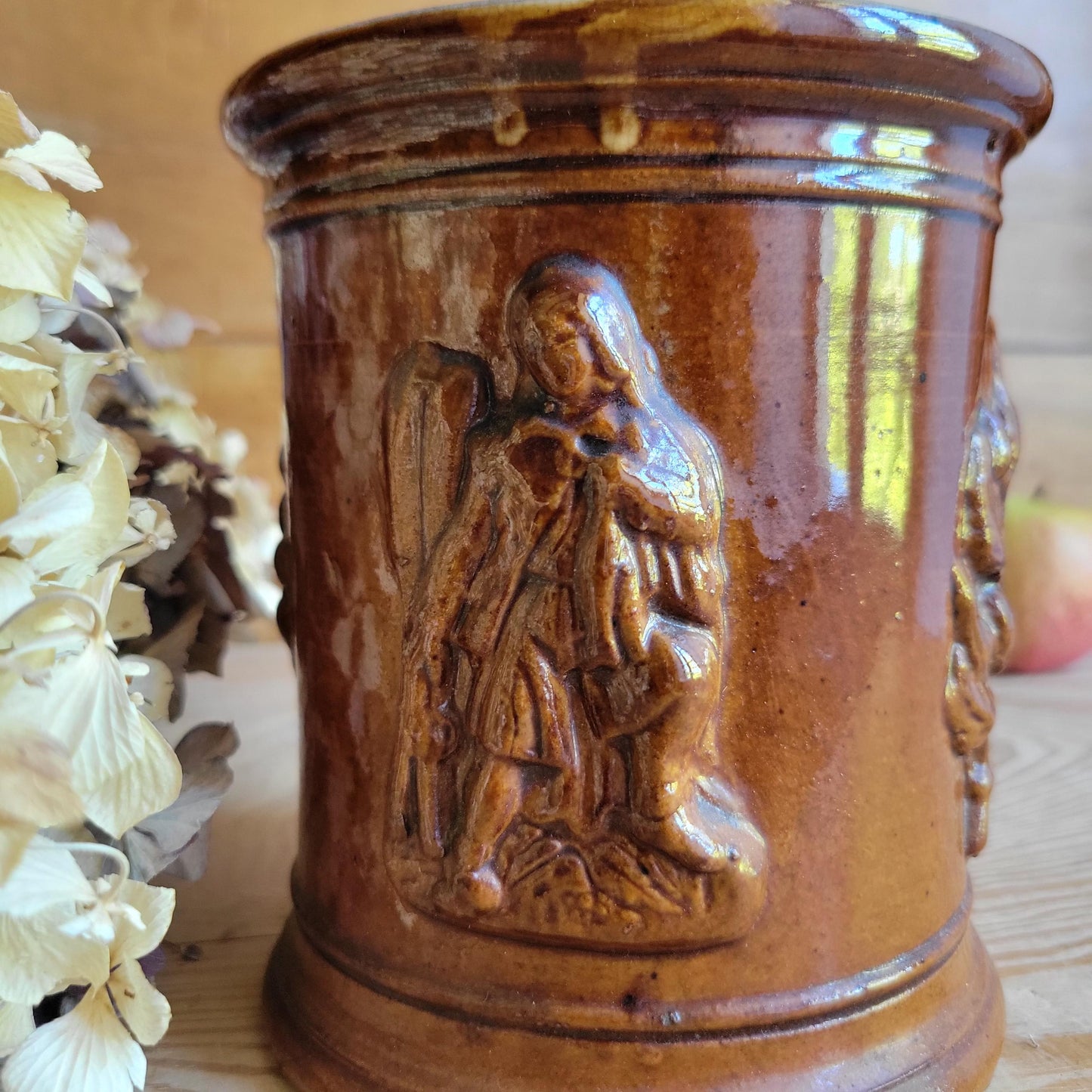 Antique French Salt-Glazed 'Tabac' (Tobacco) Pot with Figures and Tobacco Leaf Decoration, France c.1920