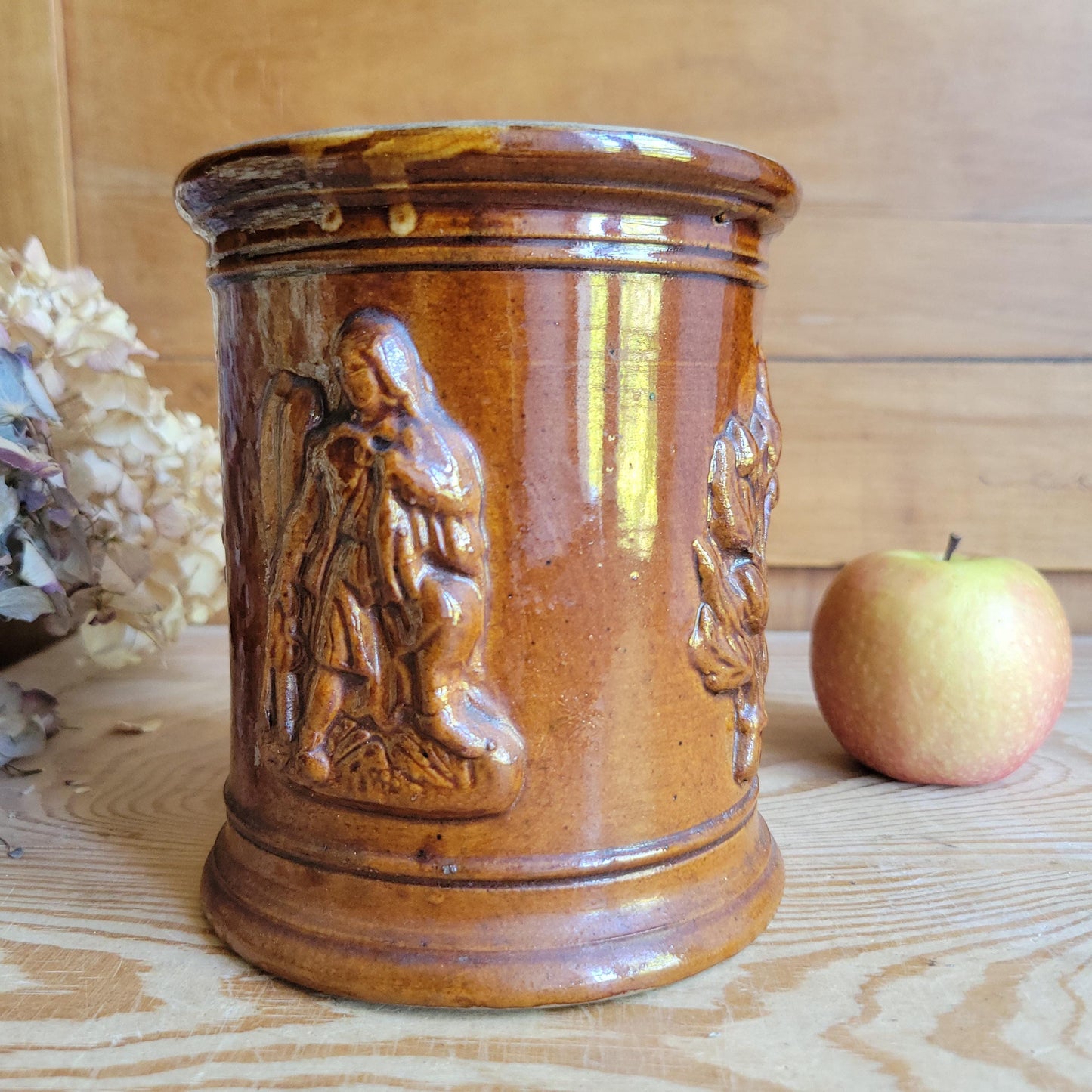 Antique French Salt-Glazed 'Tabac' (Tobacco) Pot with Figures and Tobacco Leaf Decoration, France c.1920