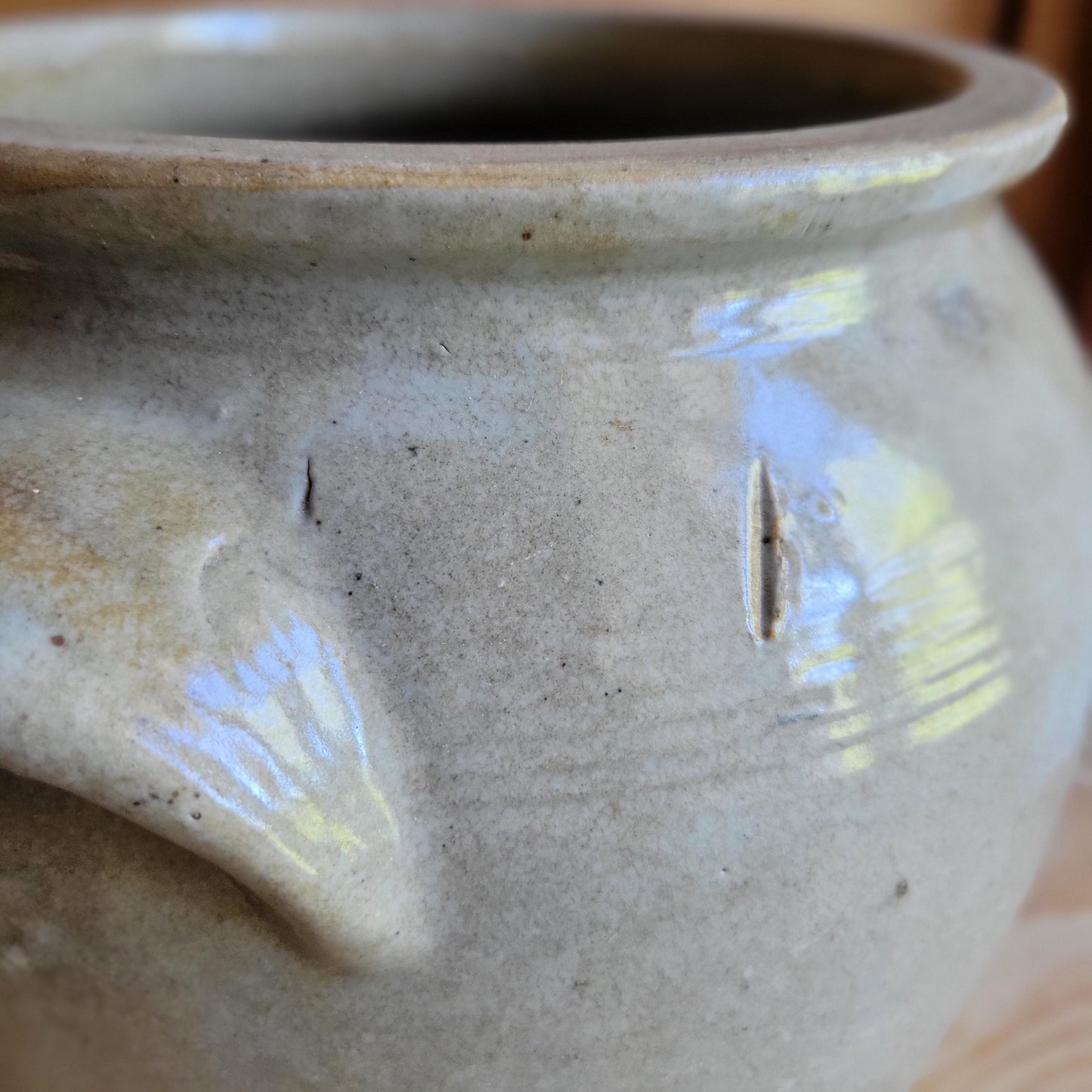 Large Antique Ecru Stoneware Confit Pot with Applied Handles, France c.1900