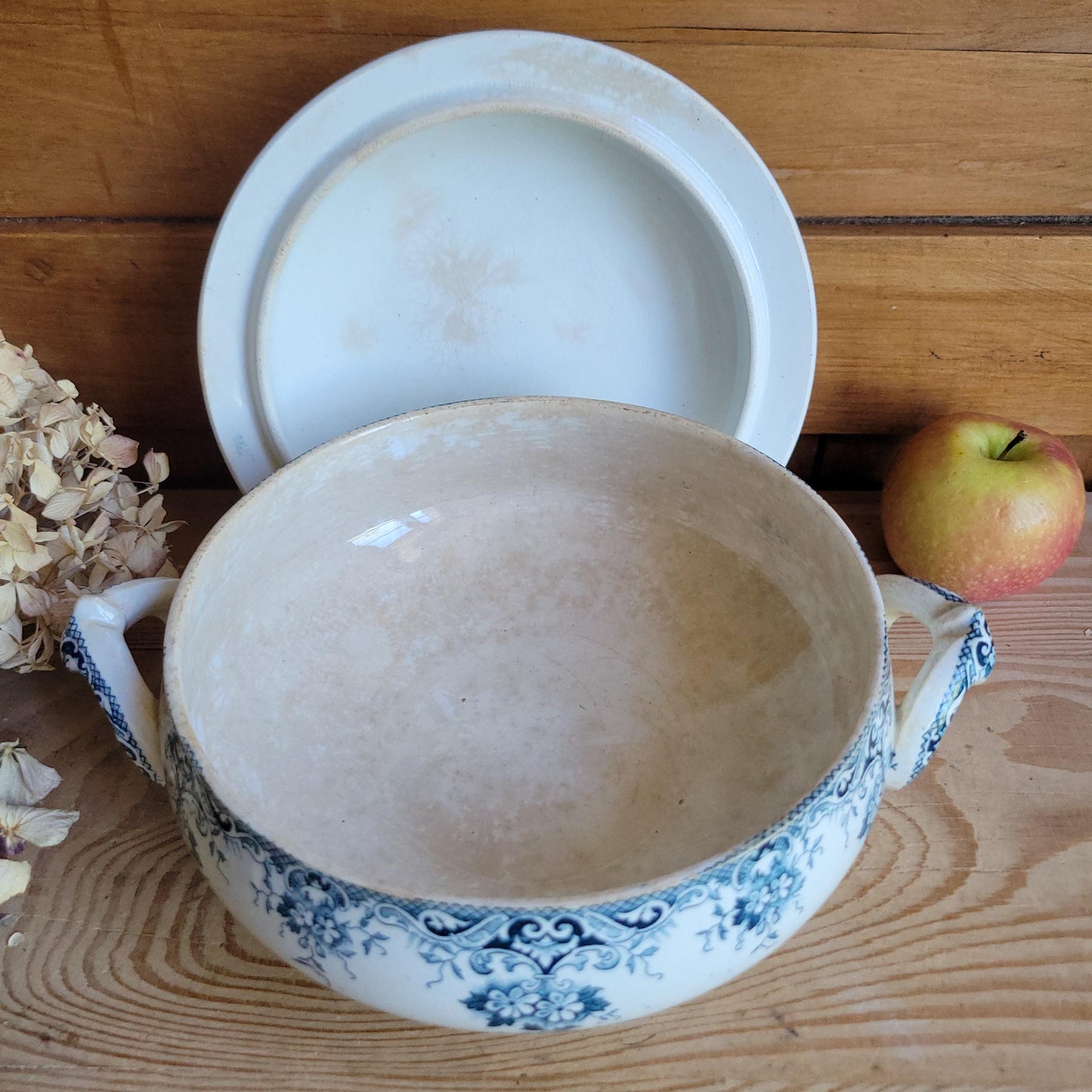 Antique Teal Transferware Legumier with Lid, Attributed to St Amand, France c.1910