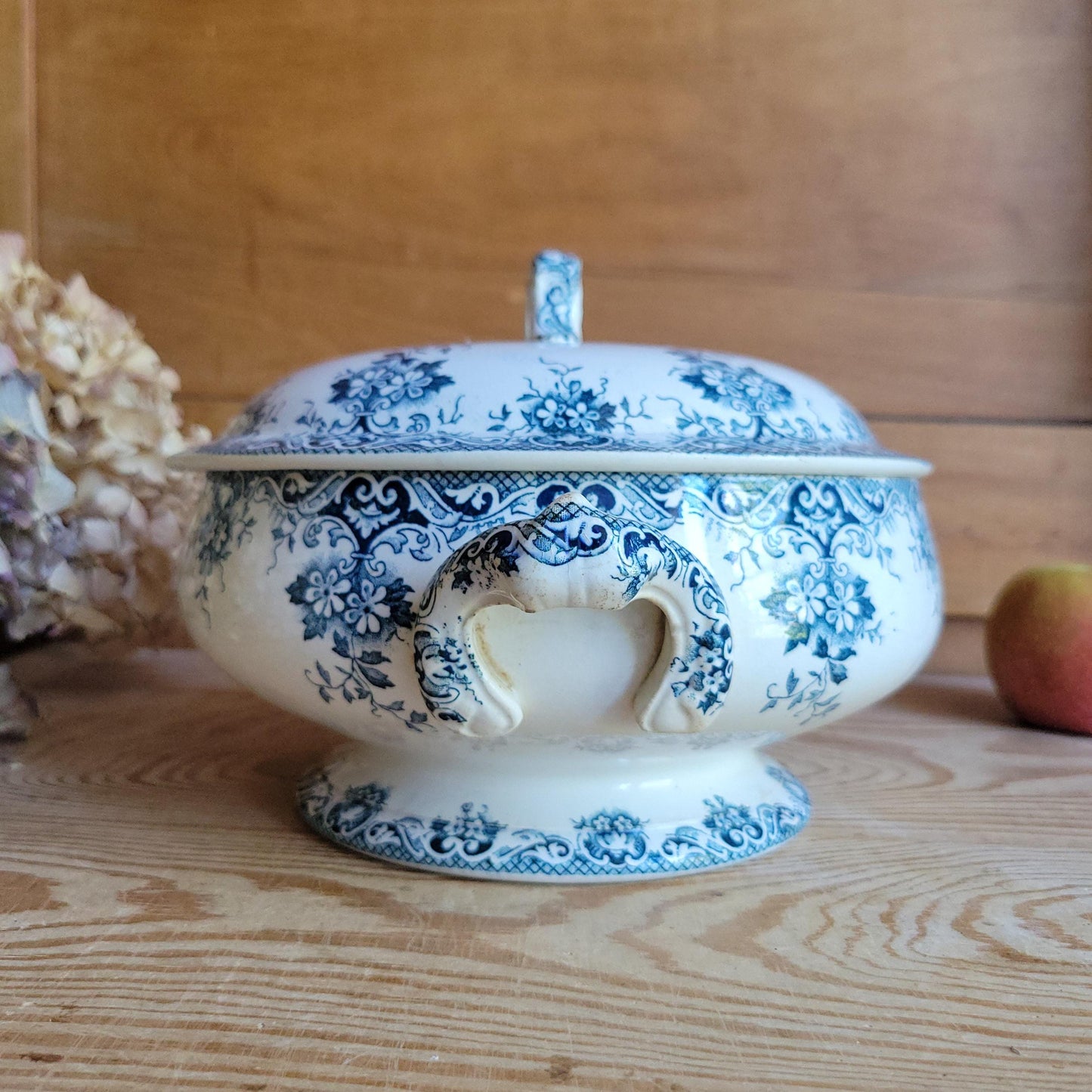 Antique Teal Transferware Legumier with Lid, Attributed to St Amand, France c.1910