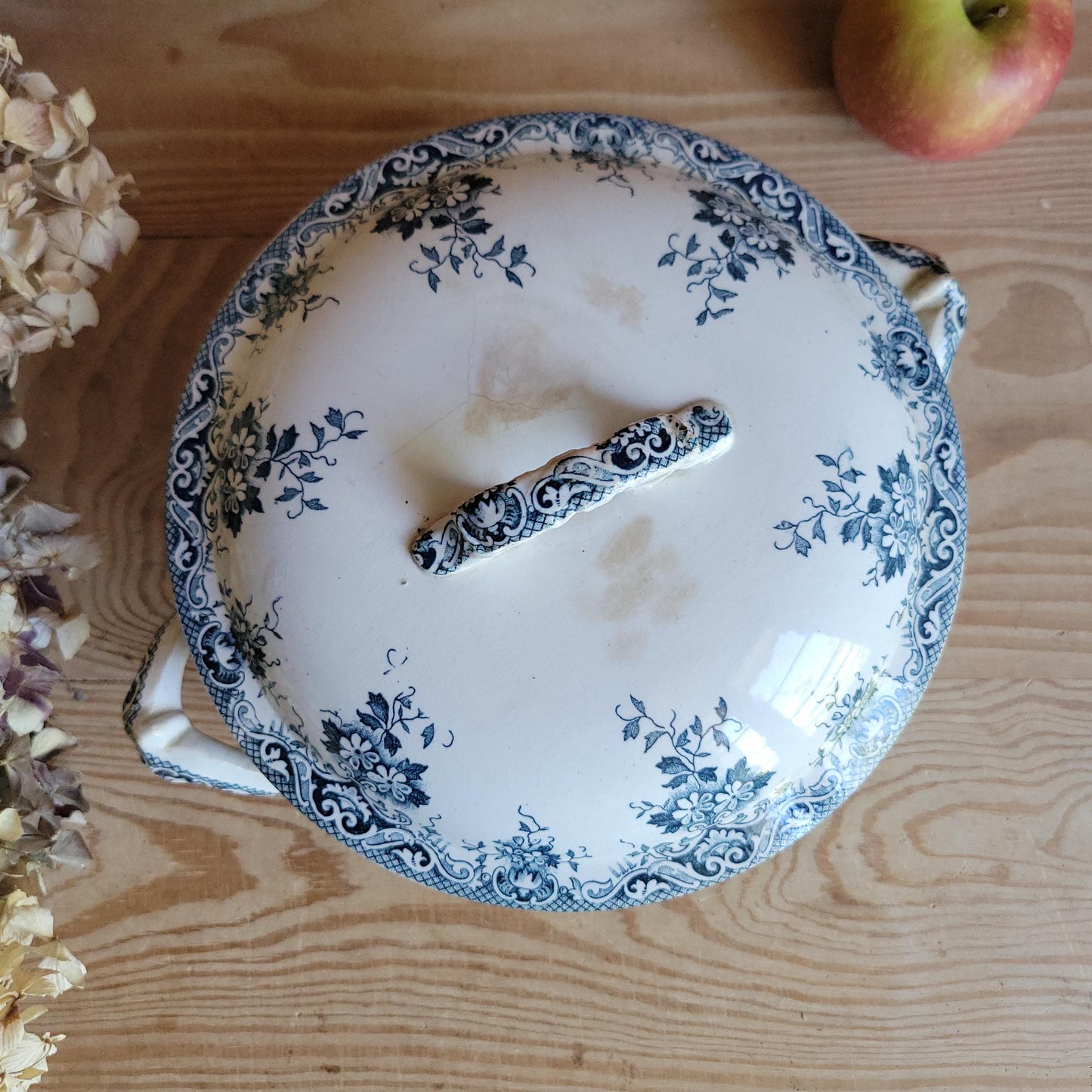 Antique Teal Transferware Legumier with Lid, Attributed to St Amand, France c.1910