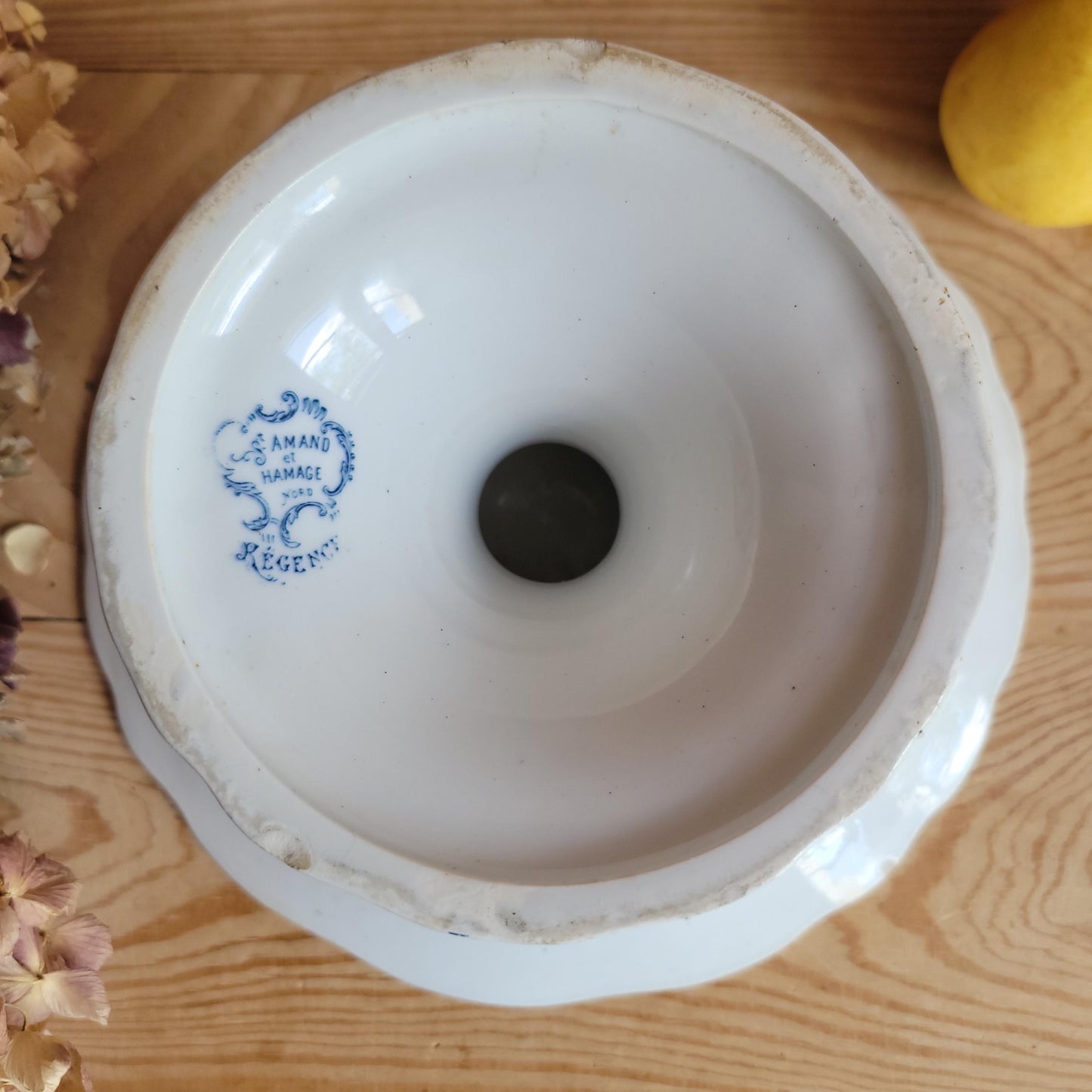 Antique St Amand Compotierr in Petrol Blue Transferware, ''Regence' Pattern, France c.1890