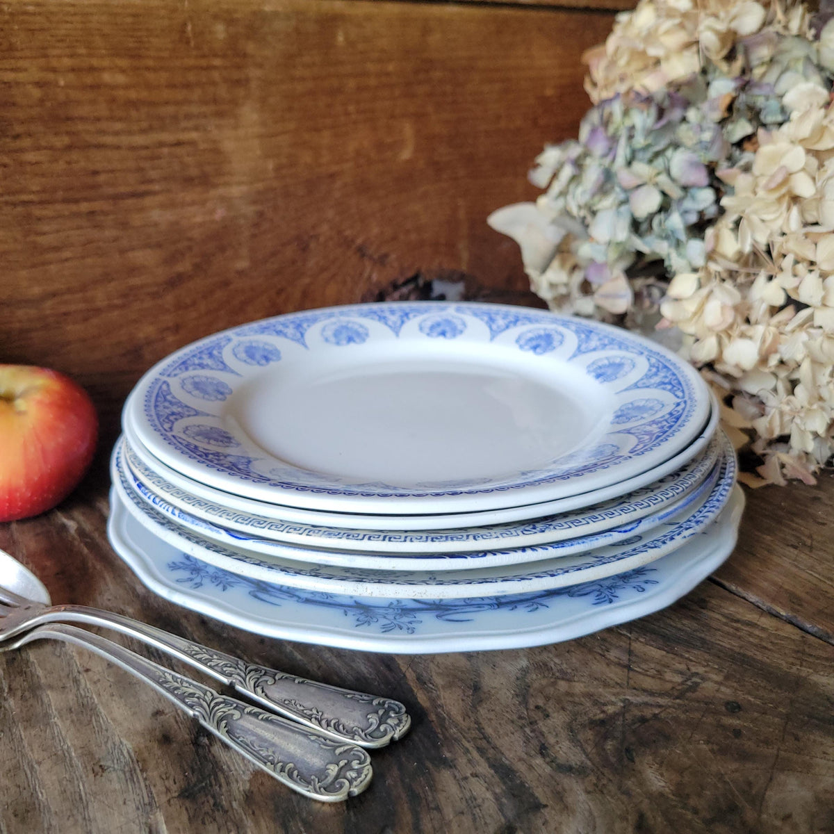 Antique Mismatched Ironstone Dinner Plates - Set of 6 Blue Transferware, c1890