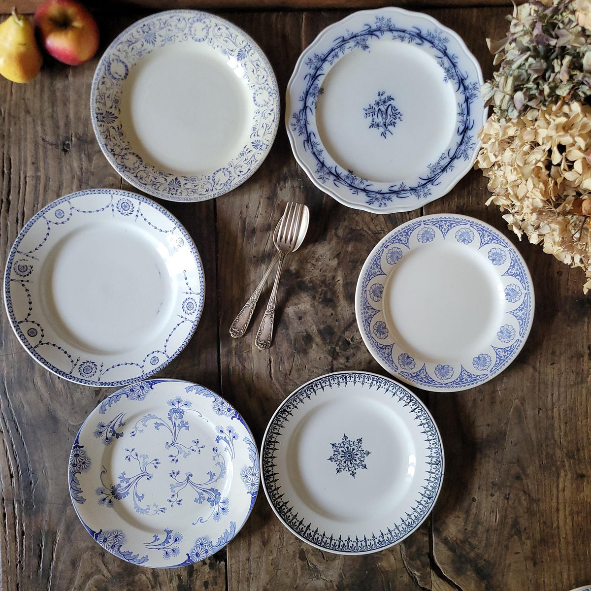 Antique Mismatched Ironstone Dinner Plates - Set of 6 Blue Transferware, c1890