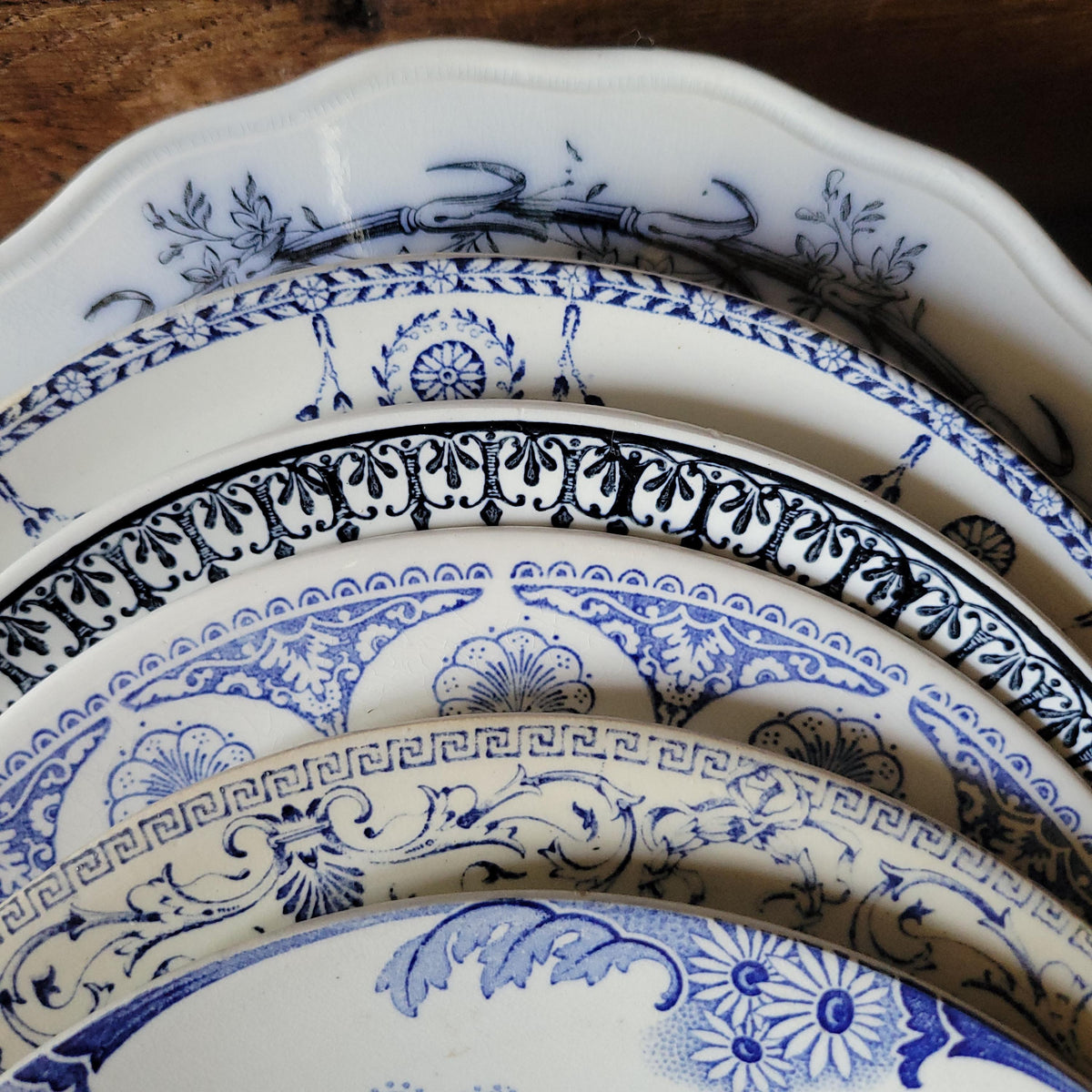 Antique Mismatched Ironstone Dinner Plates - Set of 6 Blue Transferware, c1890