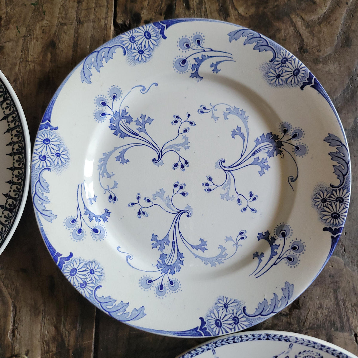 Antique Mismatched Ironstone Dinner Plates - Set of 6 Blue Transferware, c1890