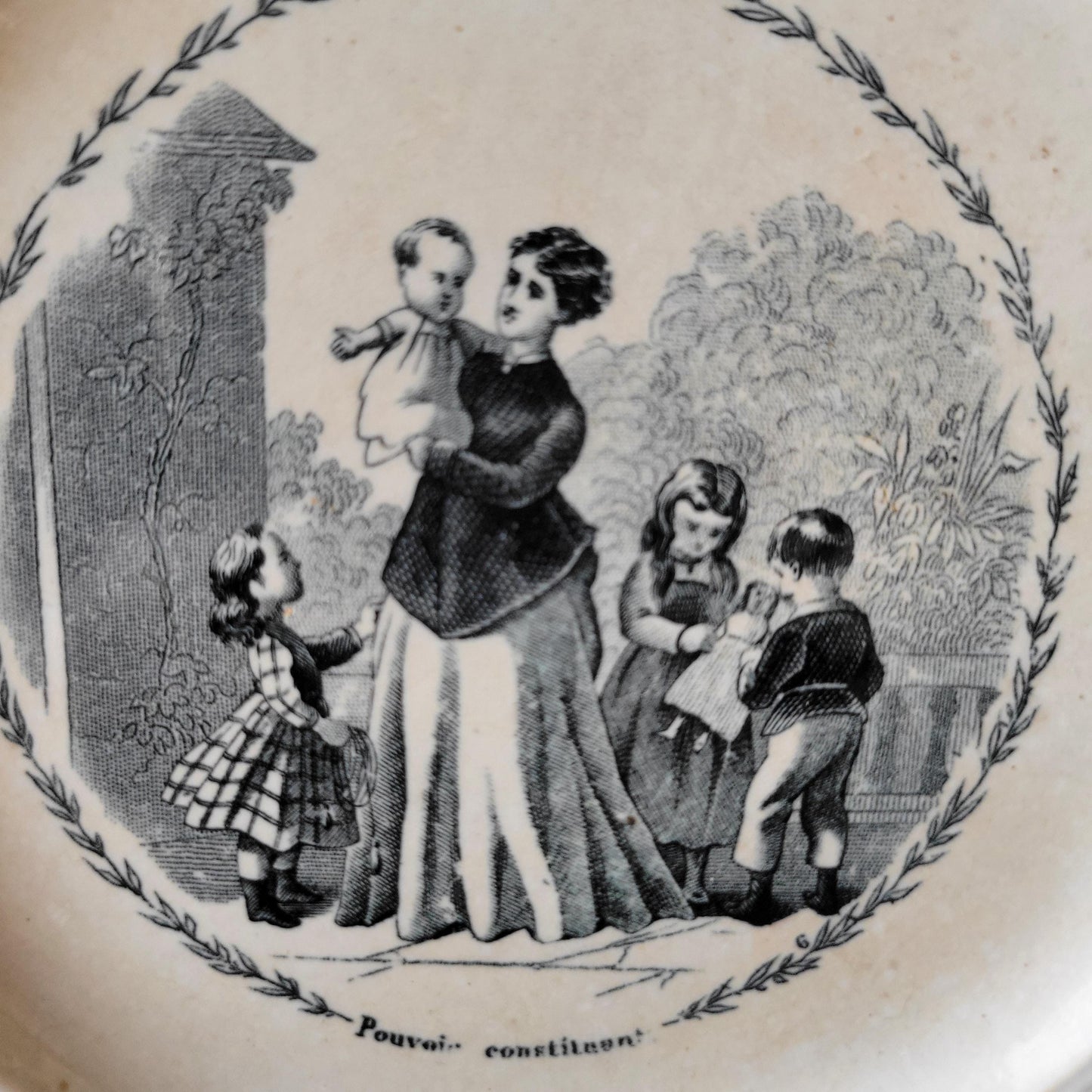 Pair of French antique black transferware 'talking plates' c1880 by Jules Vieillard, Bordeaux, France