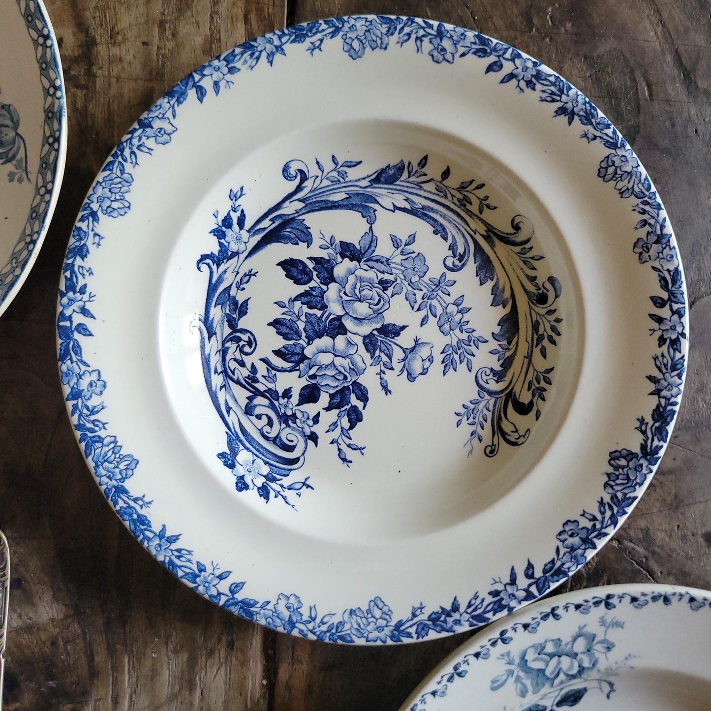 6 Antique Mismatched French Ironstone Soup Plates, Blue Floral Transferware, Set of 6