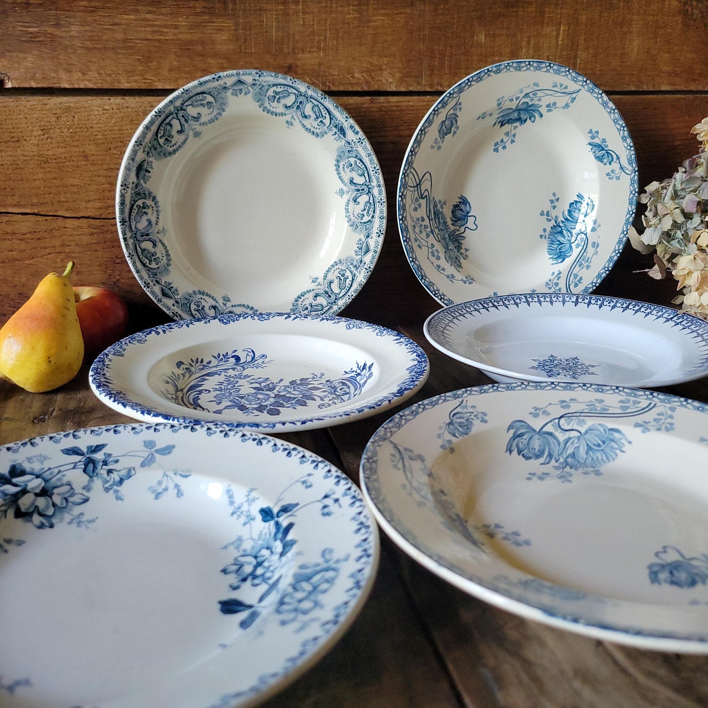 6 Antique Mismatched French Ironstone Soup Plates, Blue Floral Transferware, Set of 6