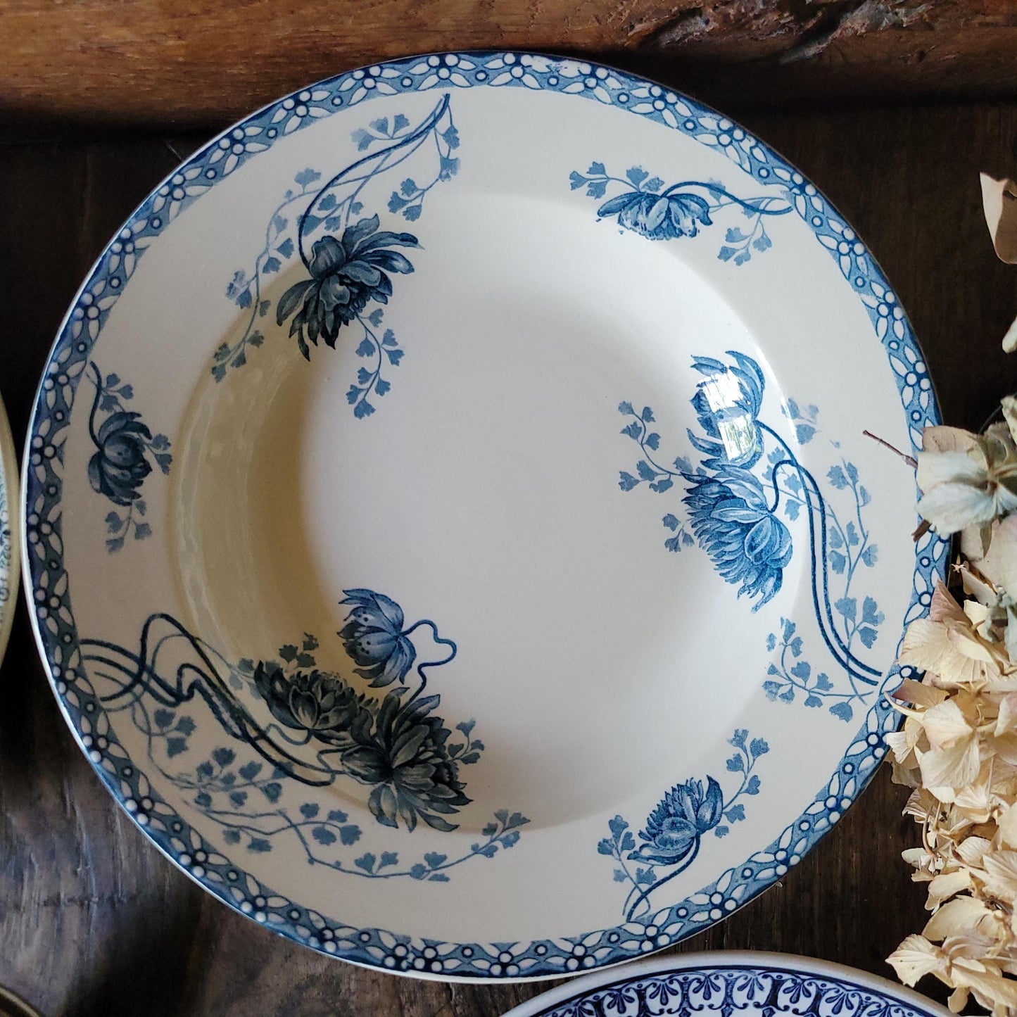 6 Antique Mismatched French Ironstone Soup Plates, Blue Floral Transferware, Set of 6