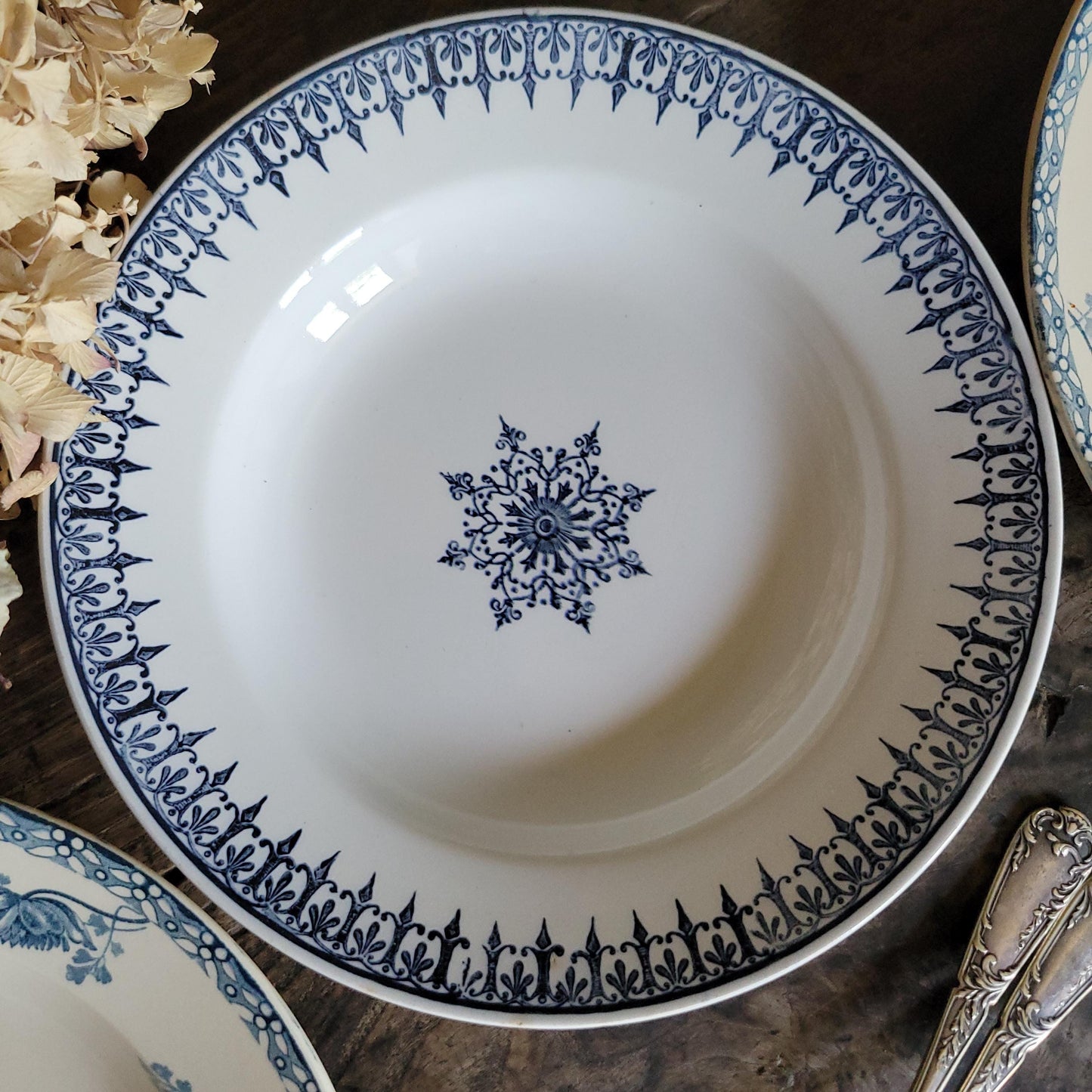 6 Antique Mismatched French Ironstone Soup Plates, Blue Floral Transferware, Set of 6