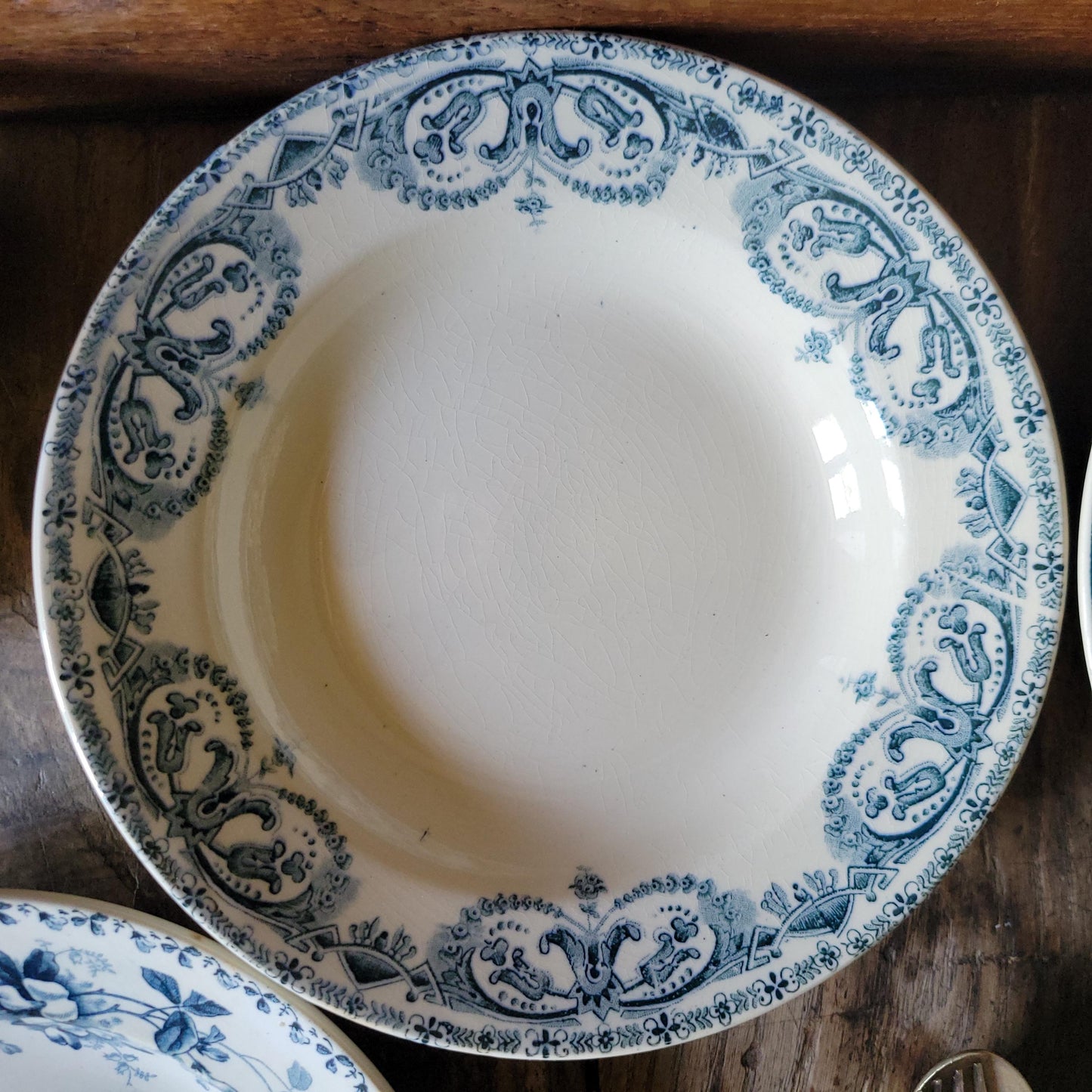 6 Antique Mismatched French Ironstone Soup Plates, Blue Floral Transferware, Set of 6