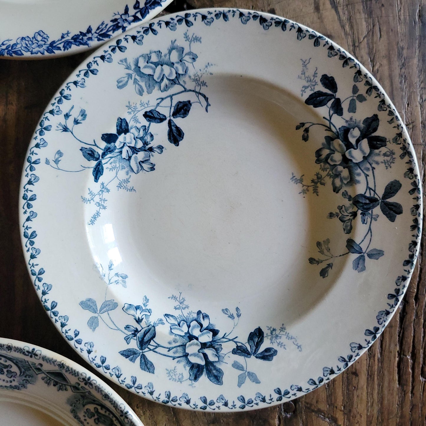 6 Antique Mismatched French Ironstone Soup Plates, Blue Floral Transferware, Set of 6