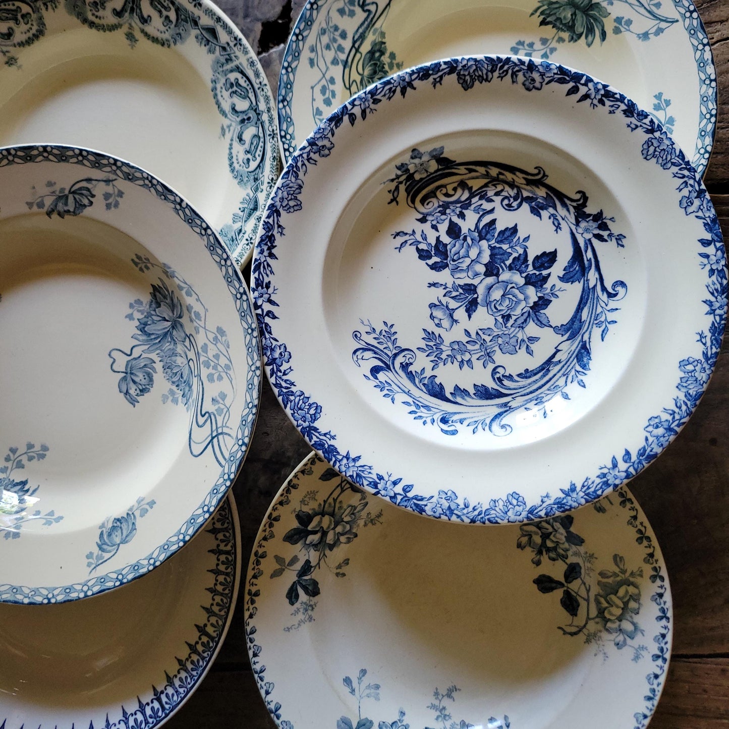 6 Antique Mismatched French Ironstone Soup Plates, Blue Floral Transferware, Set of 6