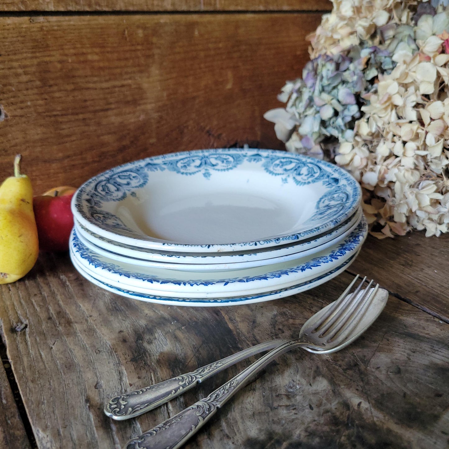 6 Antique Mismatched French Ironstone Soup Plates, Blue Floral Transferware, Set of 6
