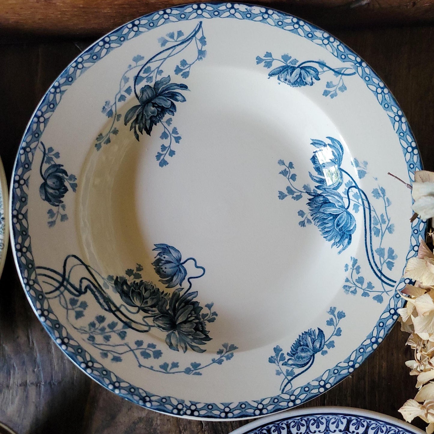 6 Antique Mismatched French Ironstone Soup Plates, Blue Floral Transferware, Set of 6