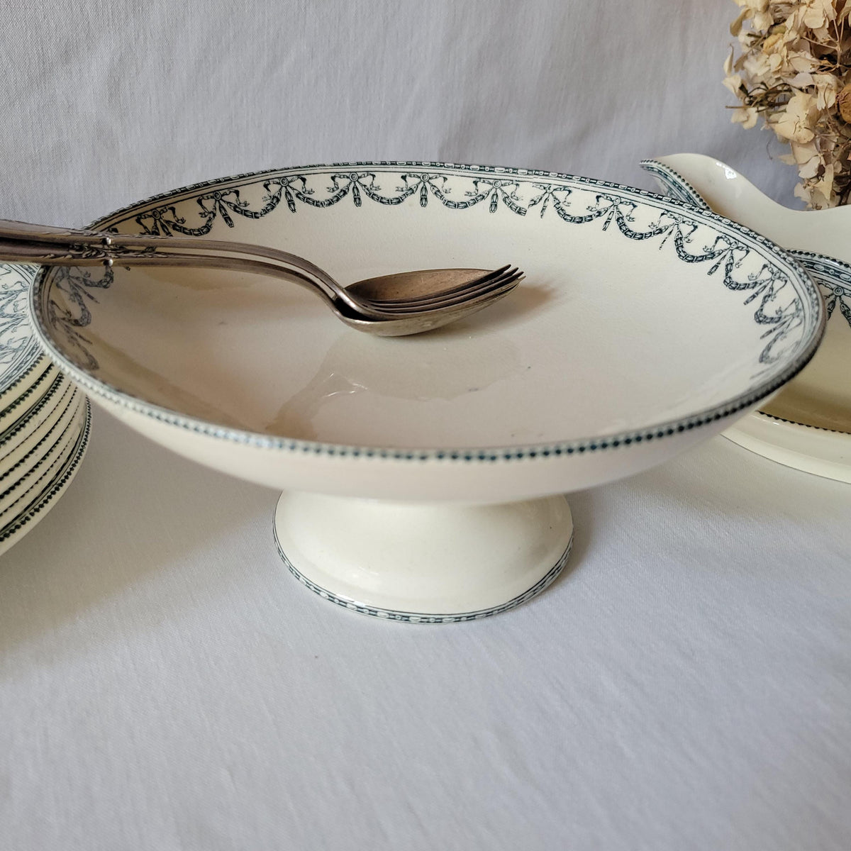 Antique Dinner Service, Salins France 24/12-Place Dinner Service, 'Guirlandes Louis XVI' Pattern, 60pc Green Transferware