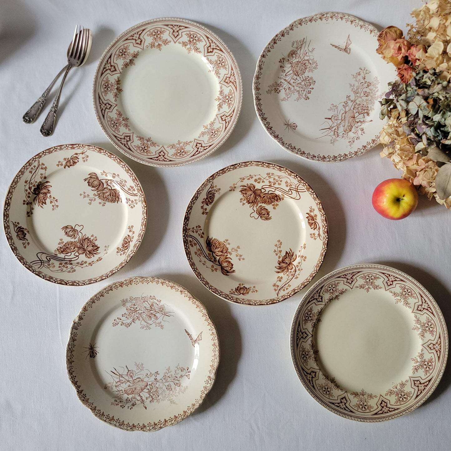 SET 6 mismatched French & English antique ironstone dinner plates, brown and white transferware 19th century
