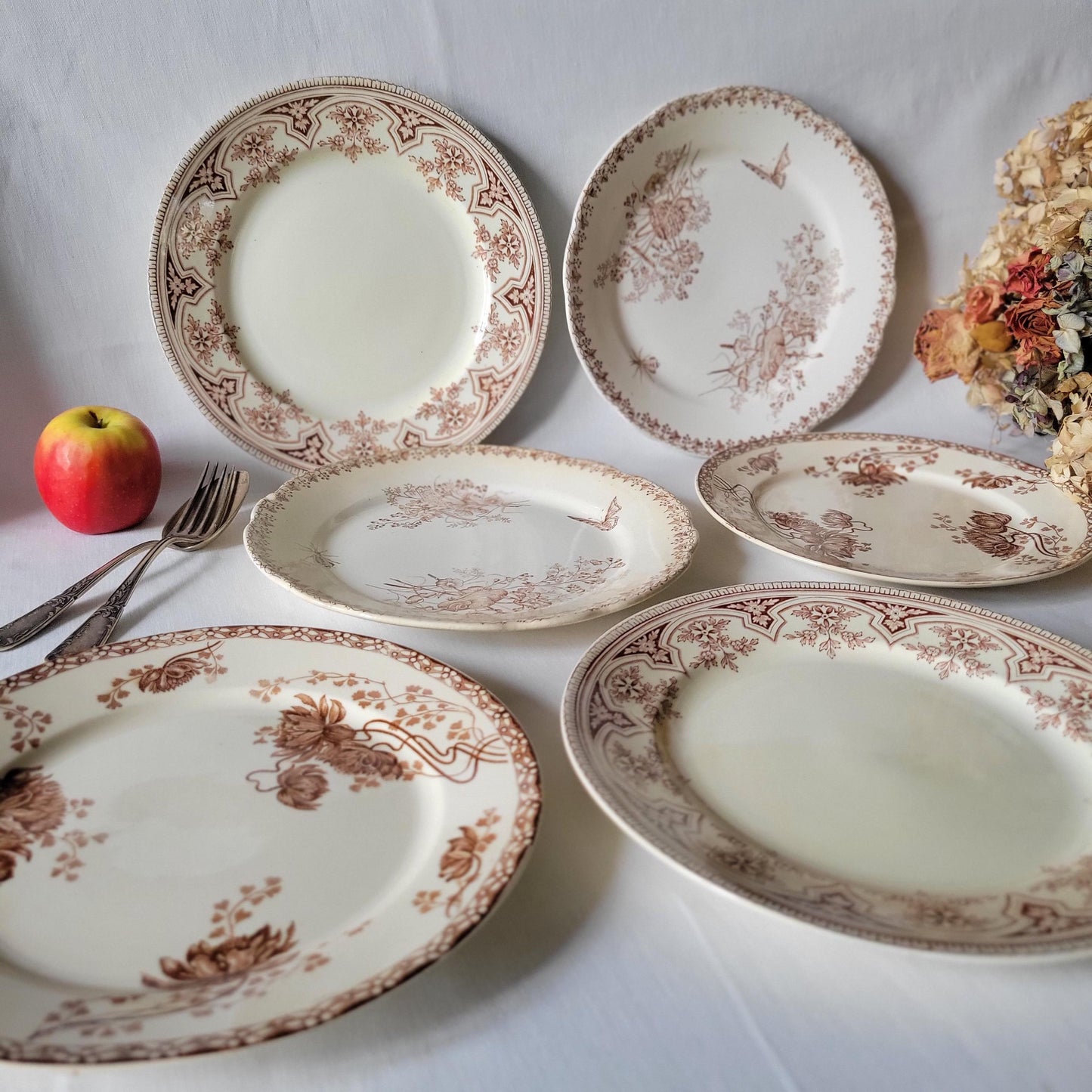 SET 6 mismatched French & English antique ironstone dinner plates, brown and white transferware 19th century