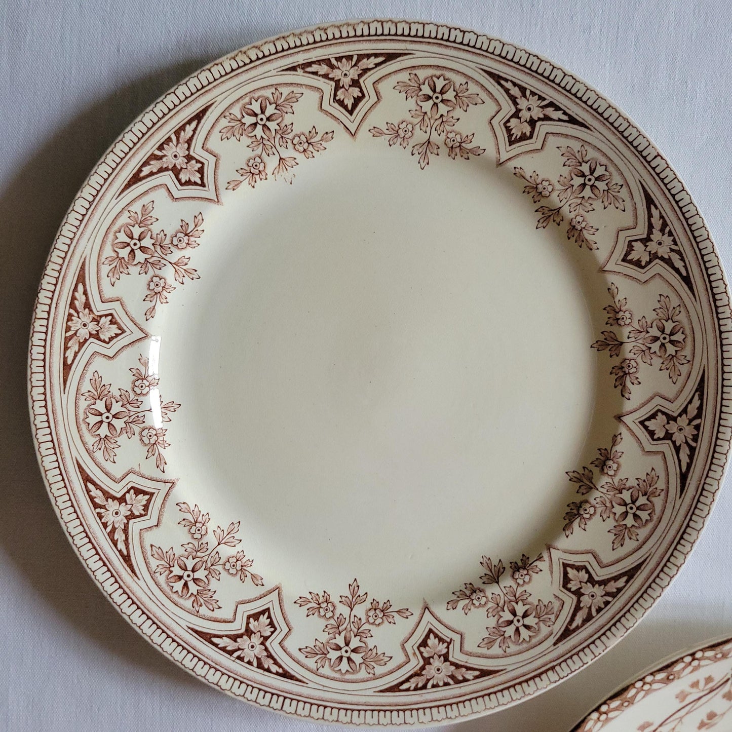 SET 6 mismatched French & English antique ironstone dinner plates, brown and white transferware 19th century