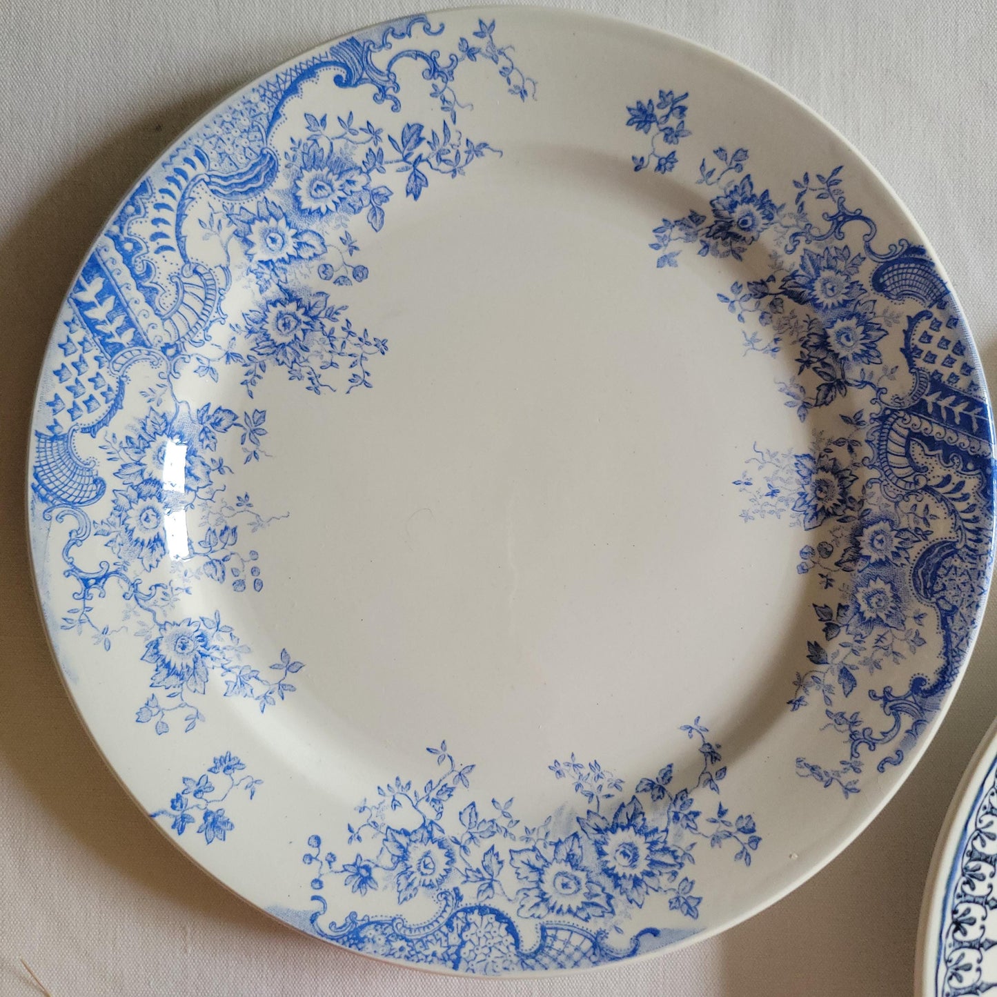 Antique Mismatched French/Belgian Ironstone Dinner Plates - Blue Transferware, Set of 6