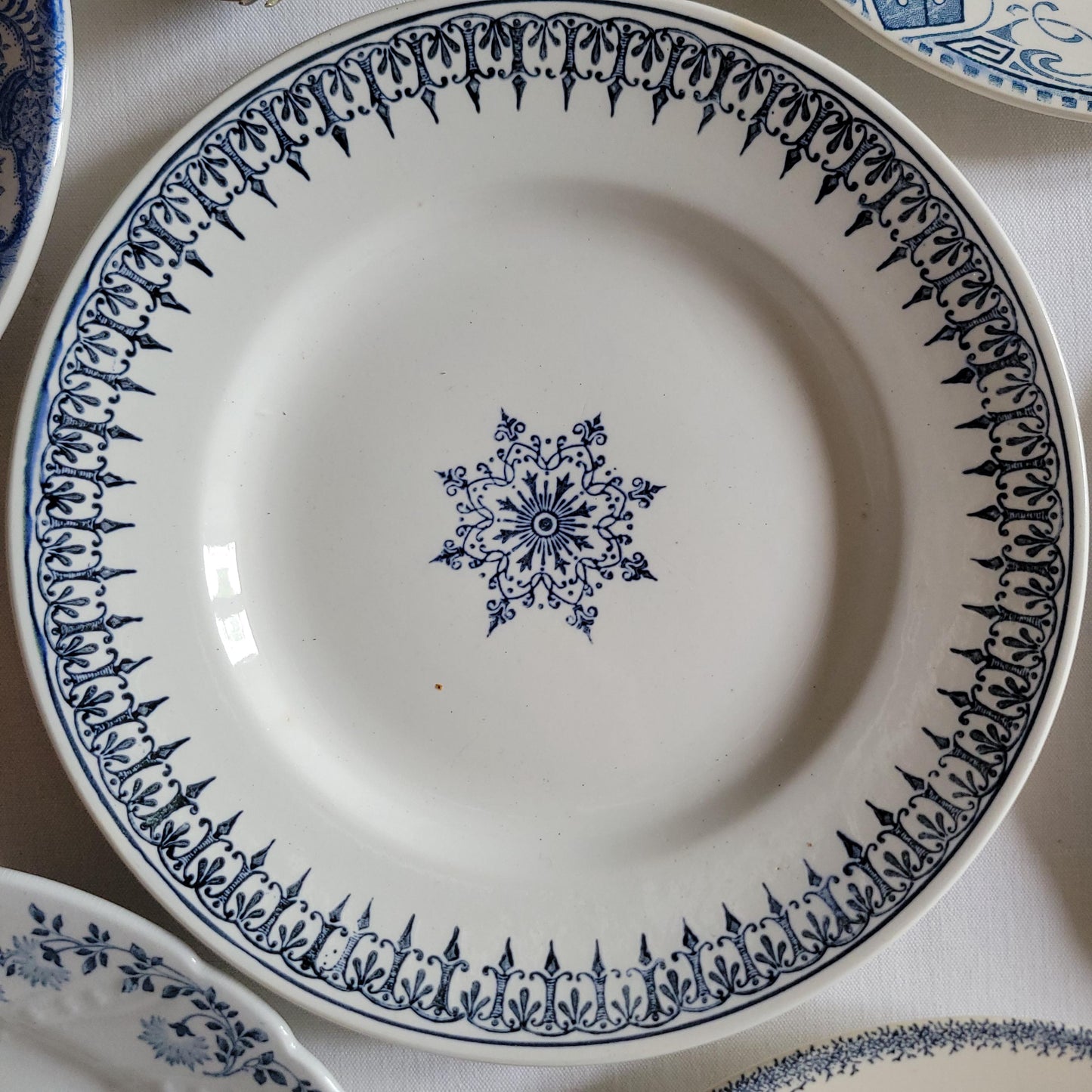 Antique Mismatched French/Belgian Ironstone Dinner Plates - Blue Transferware, Set of 6