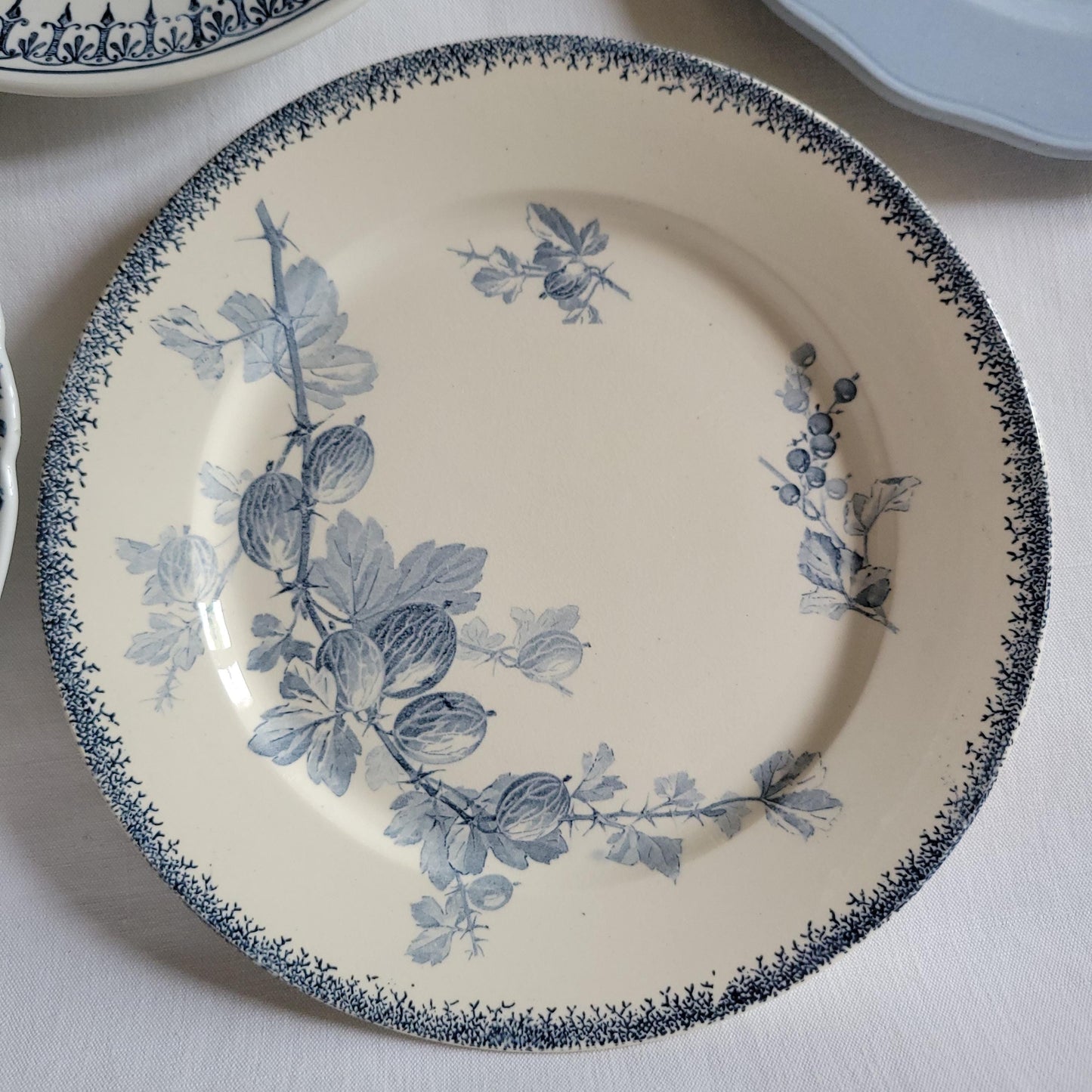 Antique Mismatched French/Belgian Ironstone Dinner Plates - Blue Transferware, Set of 6