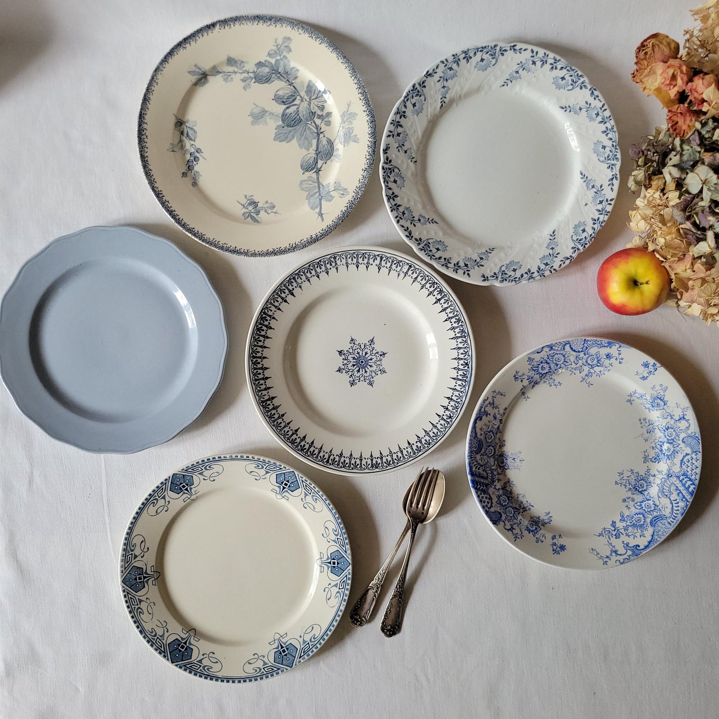 Antique Mismatched French/Belgian Ironstone Dinner Plates - Blue Transferware, Set of 6