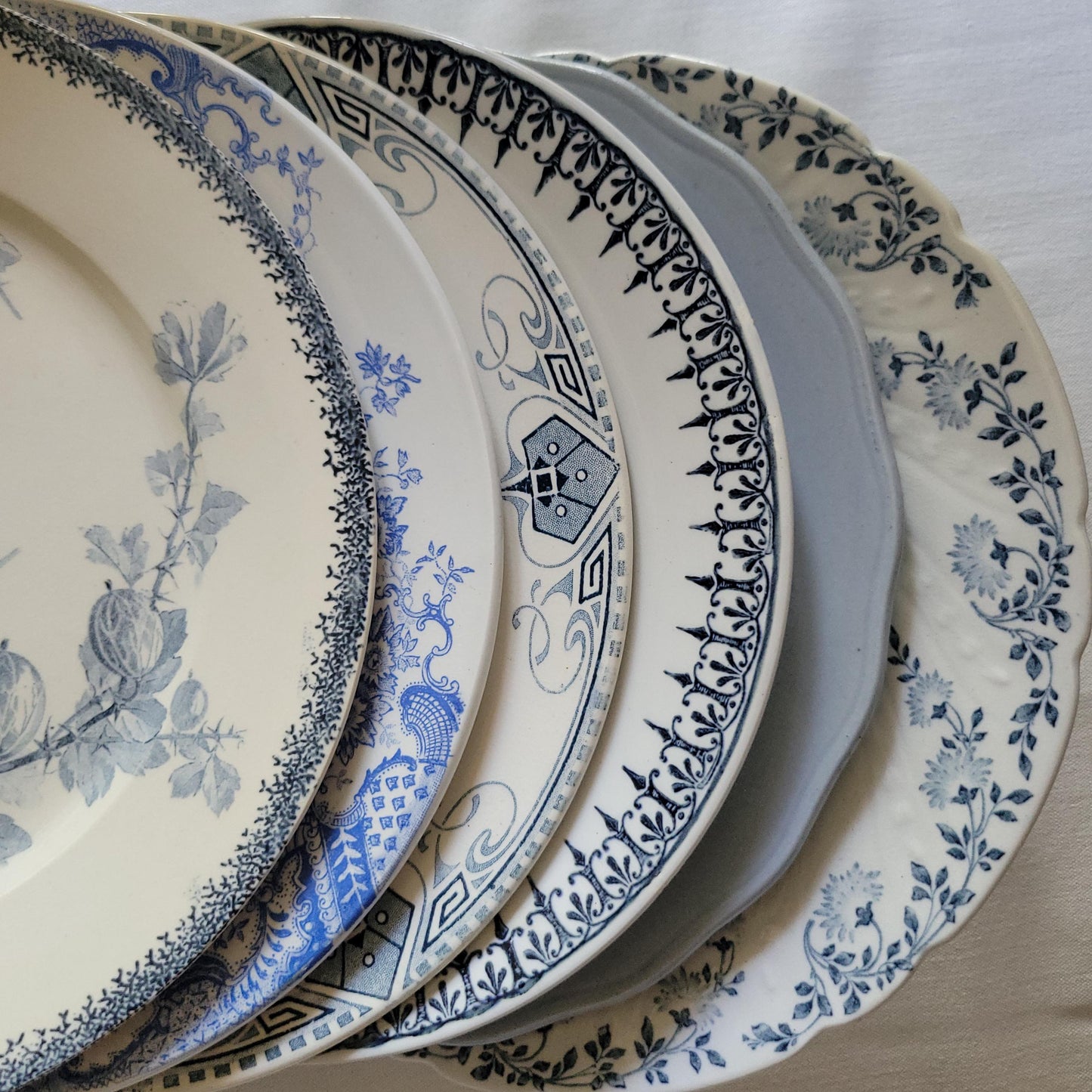 Antique Mismatched French/Belgian Ironstone Dinner Plates - Blue Transferware, Set of 6
