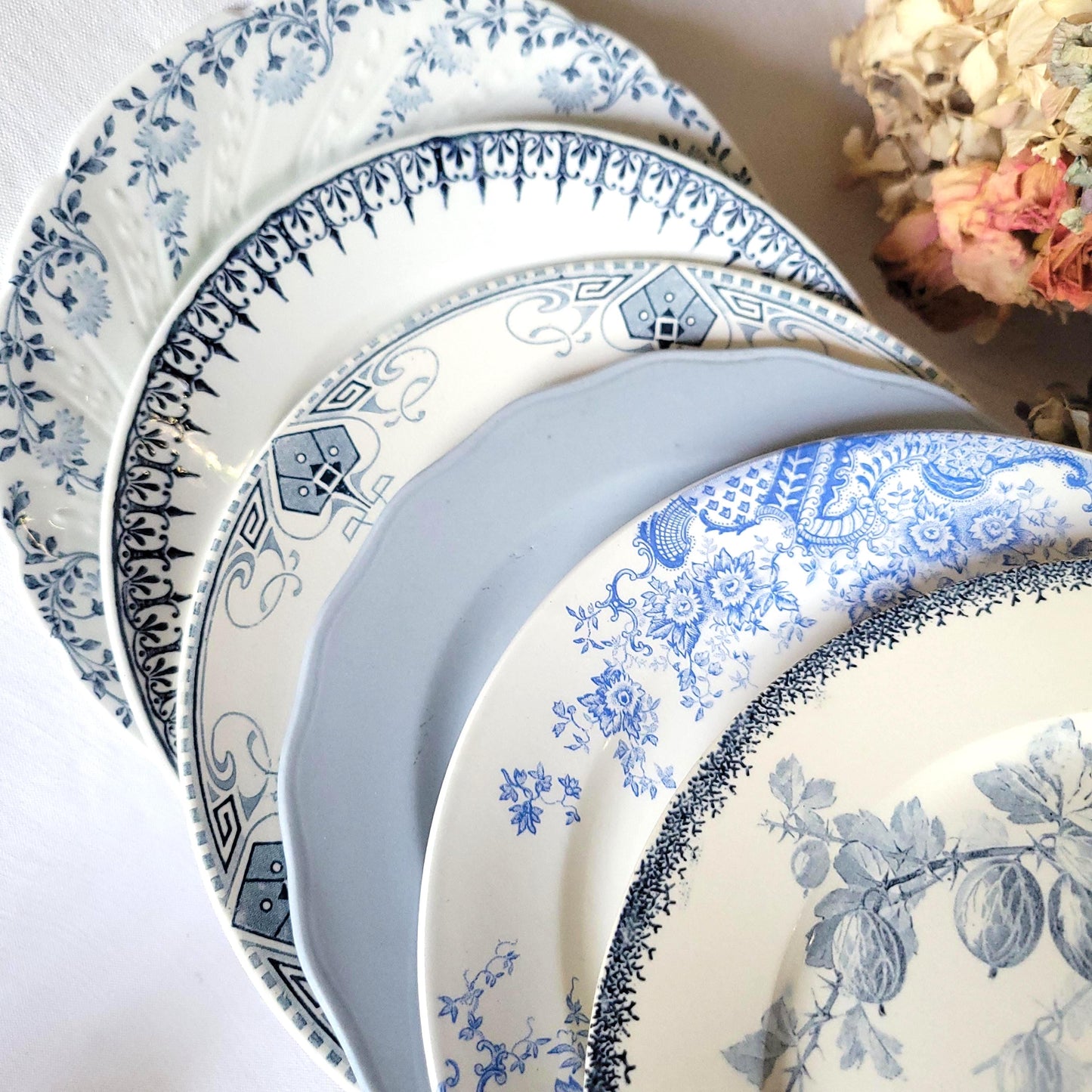 Antique Mismatched French/Belgian Ironstone Dinner Plates - Blue Transferware, Set of 6