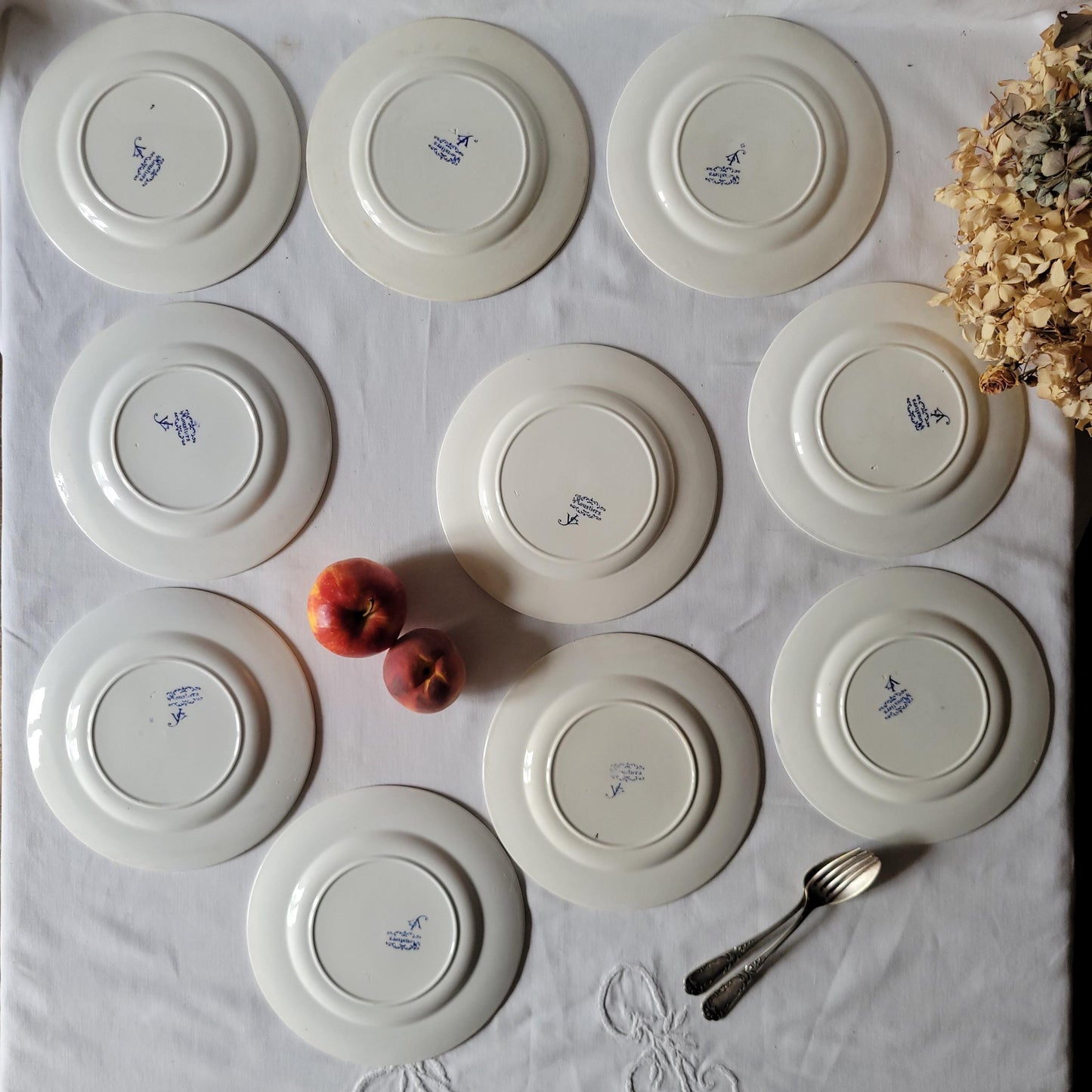 19thC Jules Vieillard 'Moustiers' French terre de fer antique dinner service, 10 place setting 39pc set, Neoclassical blue & white, France