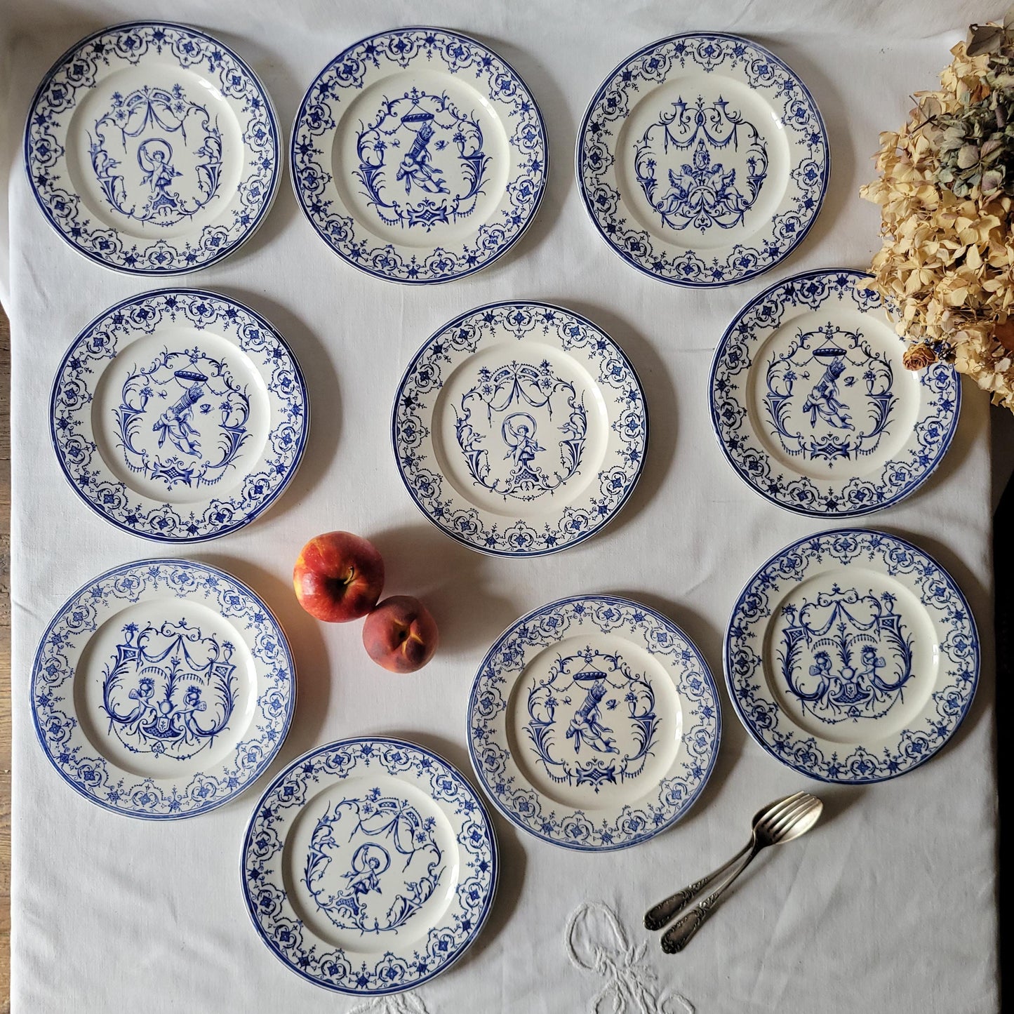 19thC Jules Vieillard 'Moustiers' French terre de fer antique dinner service, 10 place setting 39pc set, Neoclassical blue & white, France