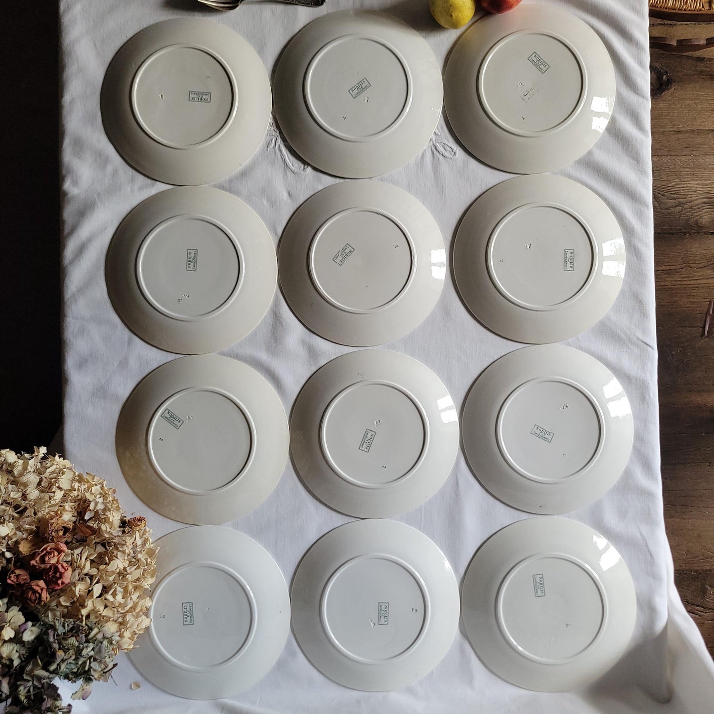 Antique Dinner Service, Sarreguemines France 12-Place Dinner Service, 'Noblis' Pattern, 20pc Green Transferware