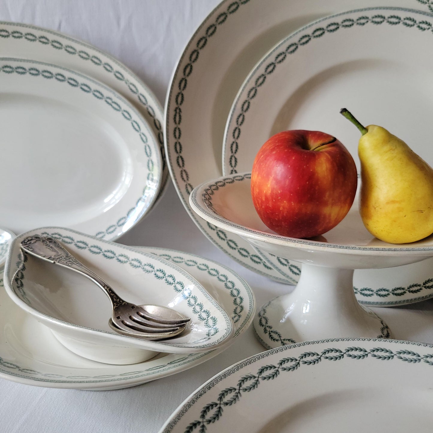 Antique Dinner Service, Sarreguemines France 12-Place Dinner Service, 'Noblis' Pattern, 20pc Green Transferware