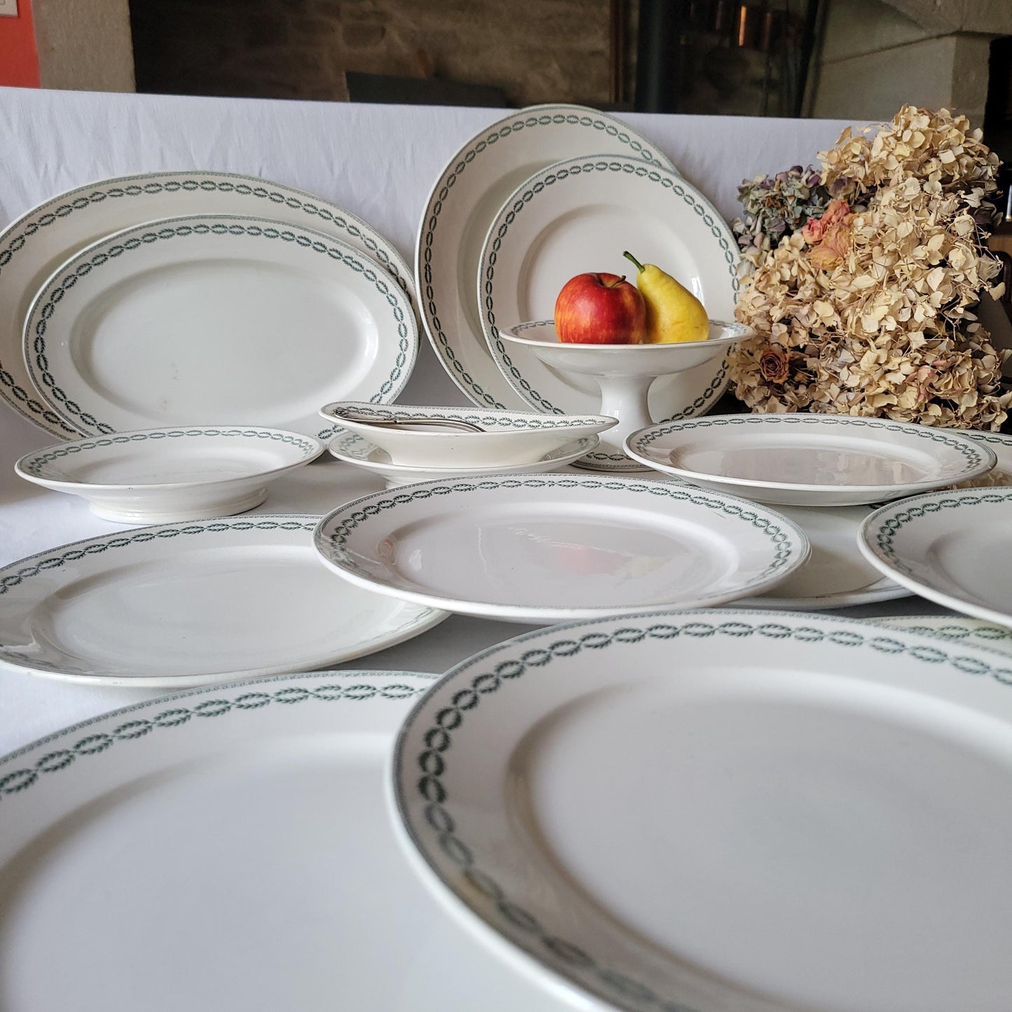 Antique Dinner Service, Sarreguemines France 12-Place Dinner Service, 'Noblis' Pattern, 20pc Green Transferware