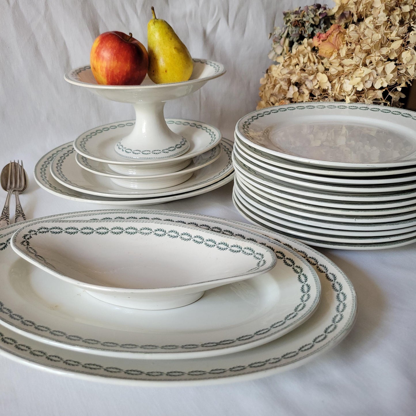 Antique Dinner Service, Sarreguemines France 12-Place Dinner Service, 'Noblis' Pattern, 20pc Green Transferware