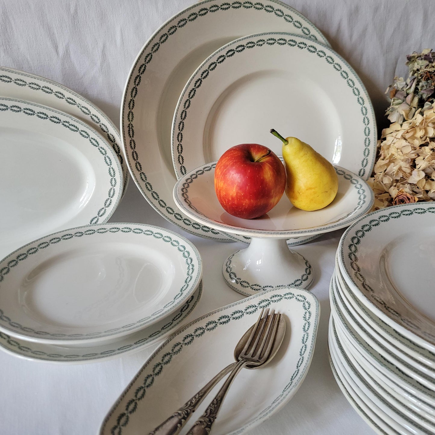 Antique Dinner Service, Sarreguemines France 12-Place Dinner Service, 'Noblis' Pattern, 20pc Green Transferware