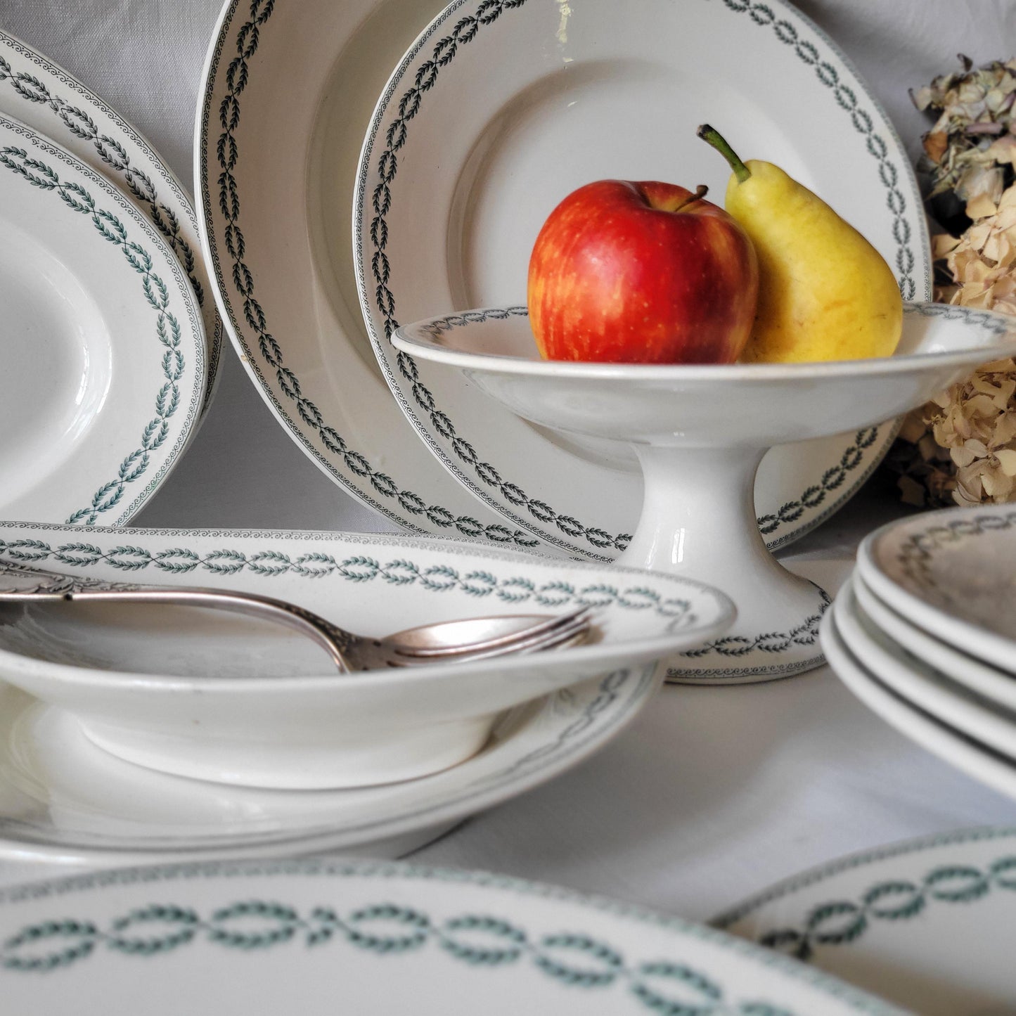 Antique Dinner Service, Sarreguemines France 12-Place Dinner Service, 'Noblis' Pattern, 20pc Green Transferware