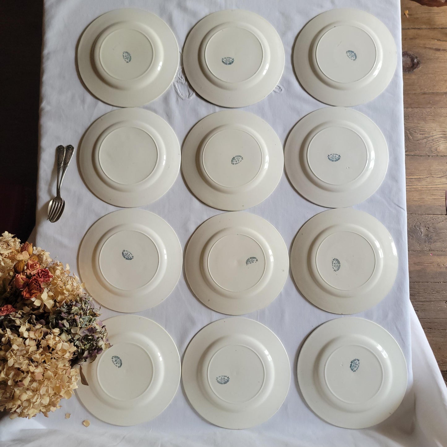 Antique Dinner Service, Salins France 24/12-Place Dinner Service, 'R.A' Pattern, 60pc Green Transferware