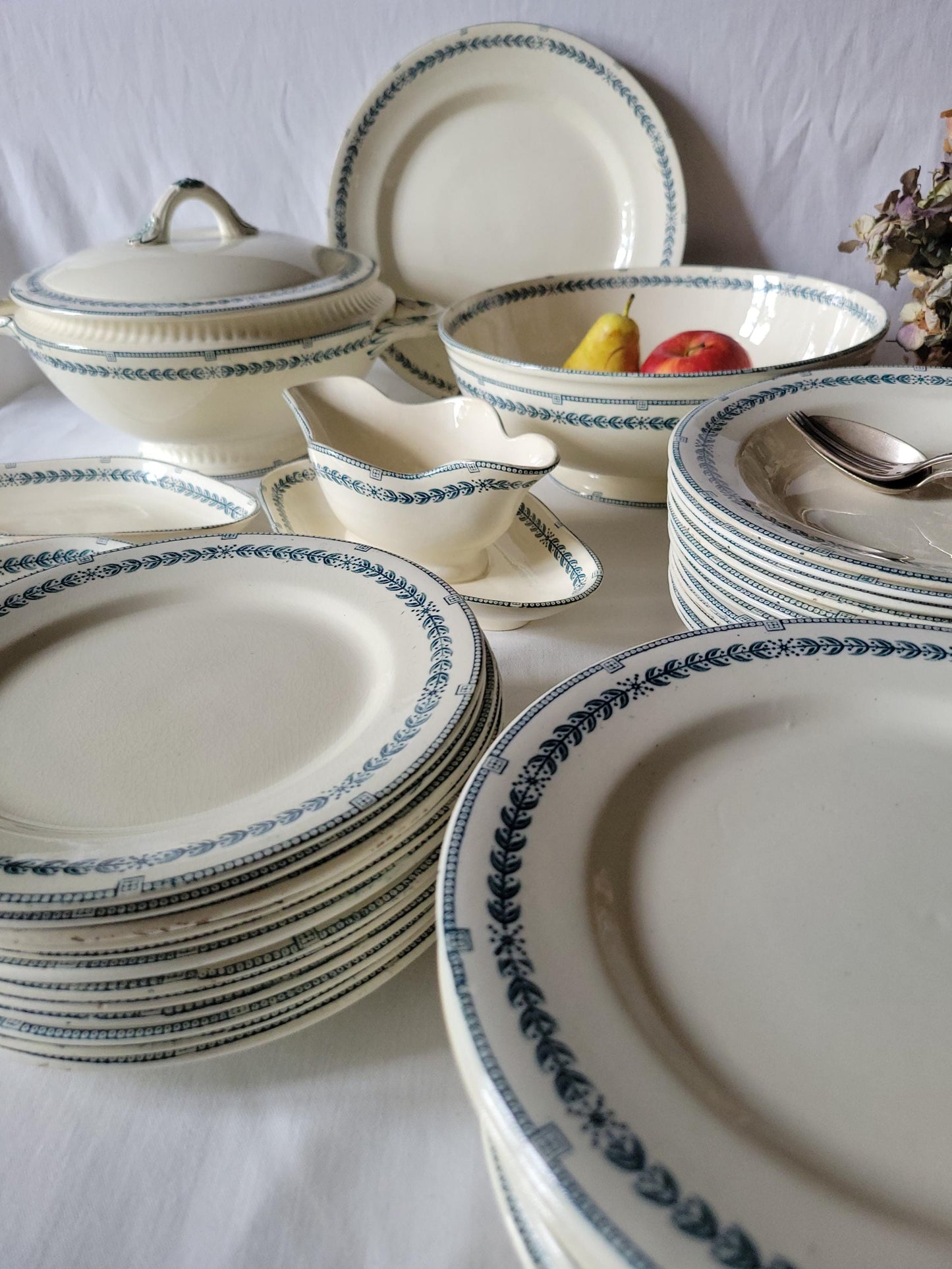 Antique Dinner Service, Salins France 24/12-Place Dinner Service, 'R.A' Pattern, 60pc Green Transferware