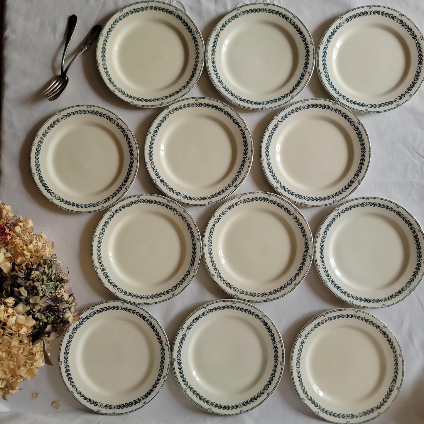 Antique Dinner Service, Salins France 24/12-Place Dinner Service, 'R.A' Pattern, 60pc Green Transferware