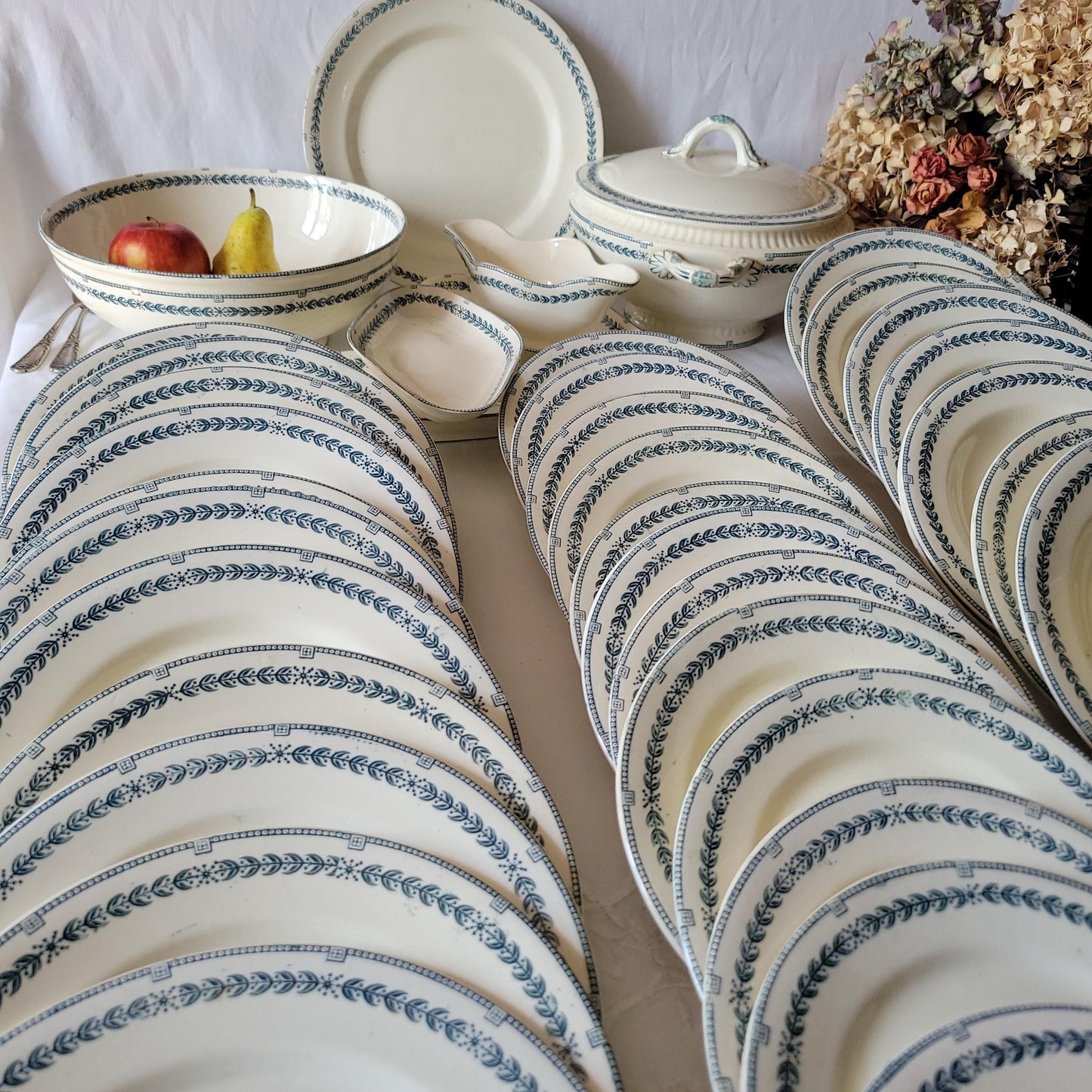 Antique Dinner Service, Salins France 24/12-Place Dinner Service, 'R.A' Pattern, 60pc Green Transferware